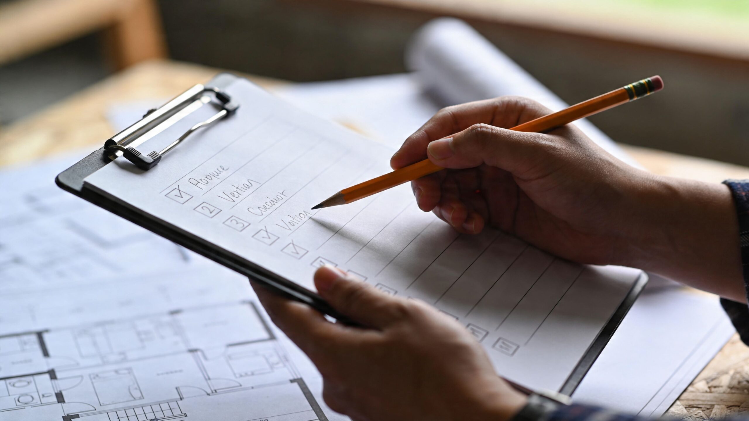 En arkitekt eller entreprenør markerer en tjekliste med en blyant over arkitekttegninger af et nyt boligbyggeri.