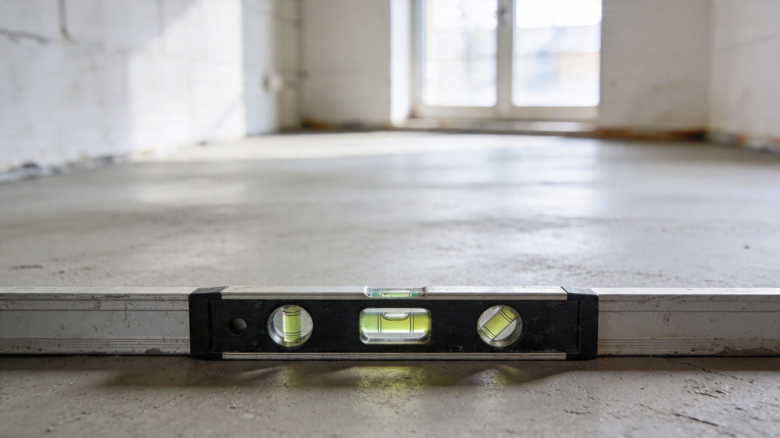 Et vaterpas ligger på et nyt støbt betongulv for at kontrollere om overfladen er helt jævn og plan.