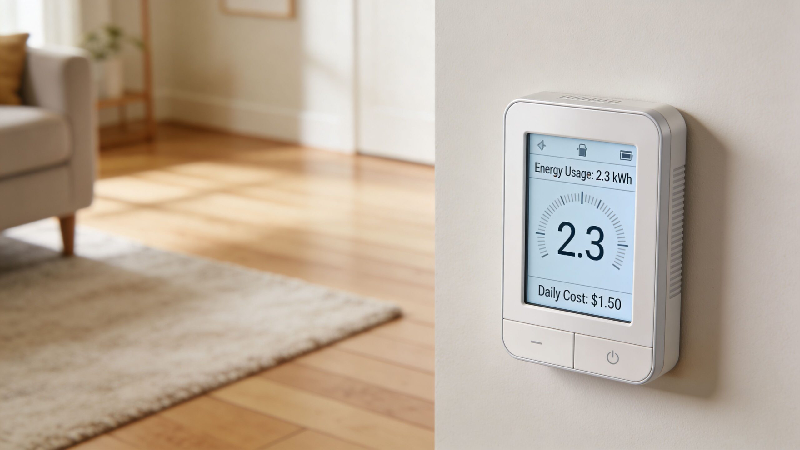En energimåler på væggen, der viser et dagligt energiforbrug på 2,3 kWh og en omkostning på 1,50 dollars.