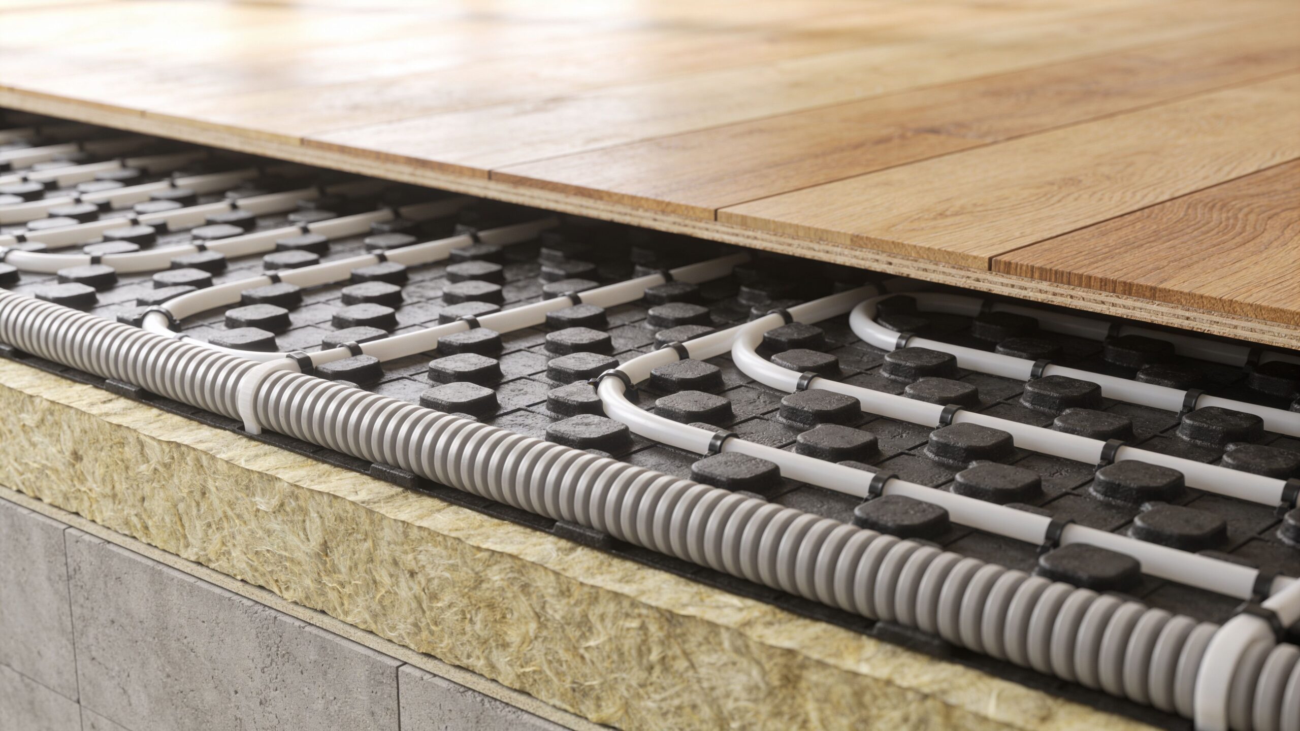 Tværsnit af et gulvvarmesystem med isolering og trægulv monteret ovenpå et lag af betonunderlag