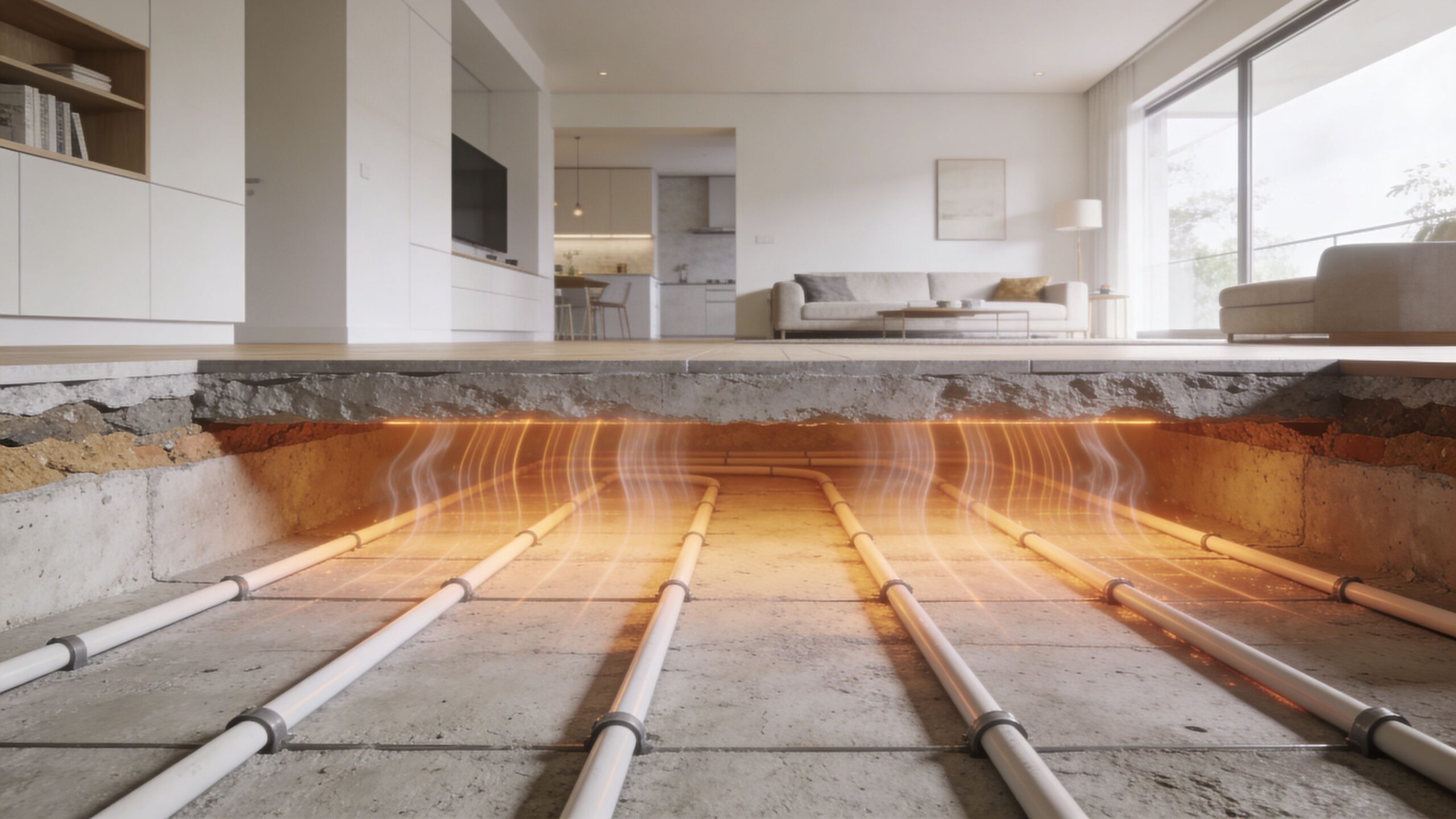 Et tværsnit af et gulv, der viser installationen af vandbåren gulvvarme med isolering og rør under overfladen.