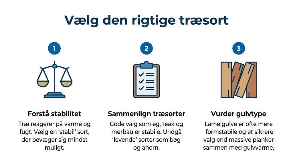 En infografik der guider dig til at vælge den rette træsort til et gulv med gulvvarme.