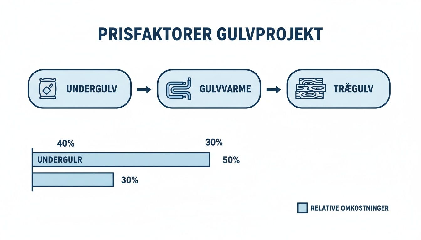 Diagram viser prisfaktorer for gulvprojekt med undergulv, gulvvarme og trægulv, samt relative omkostninger.