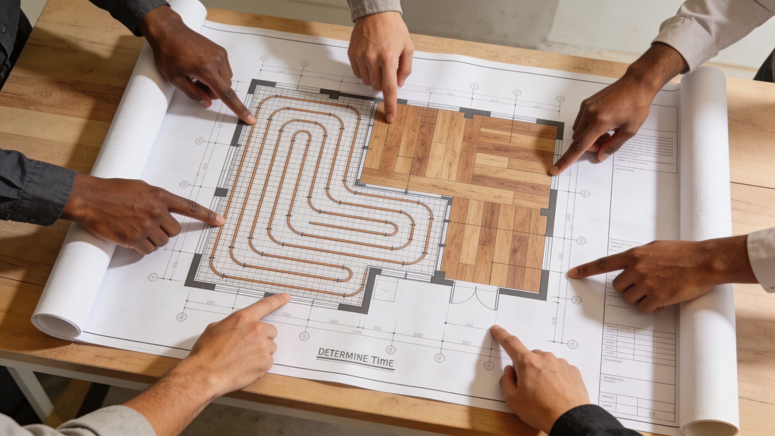 En gruppe mennesker peger på en byggetegning af gulvvarmerør og trægulv på et arbejdsbord.