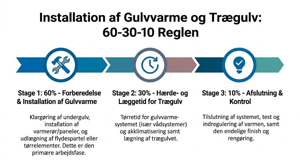 En grafisk oversigt over 60-30-10 reglen for installation af gulvvarme og lægning af nyt trægulv.