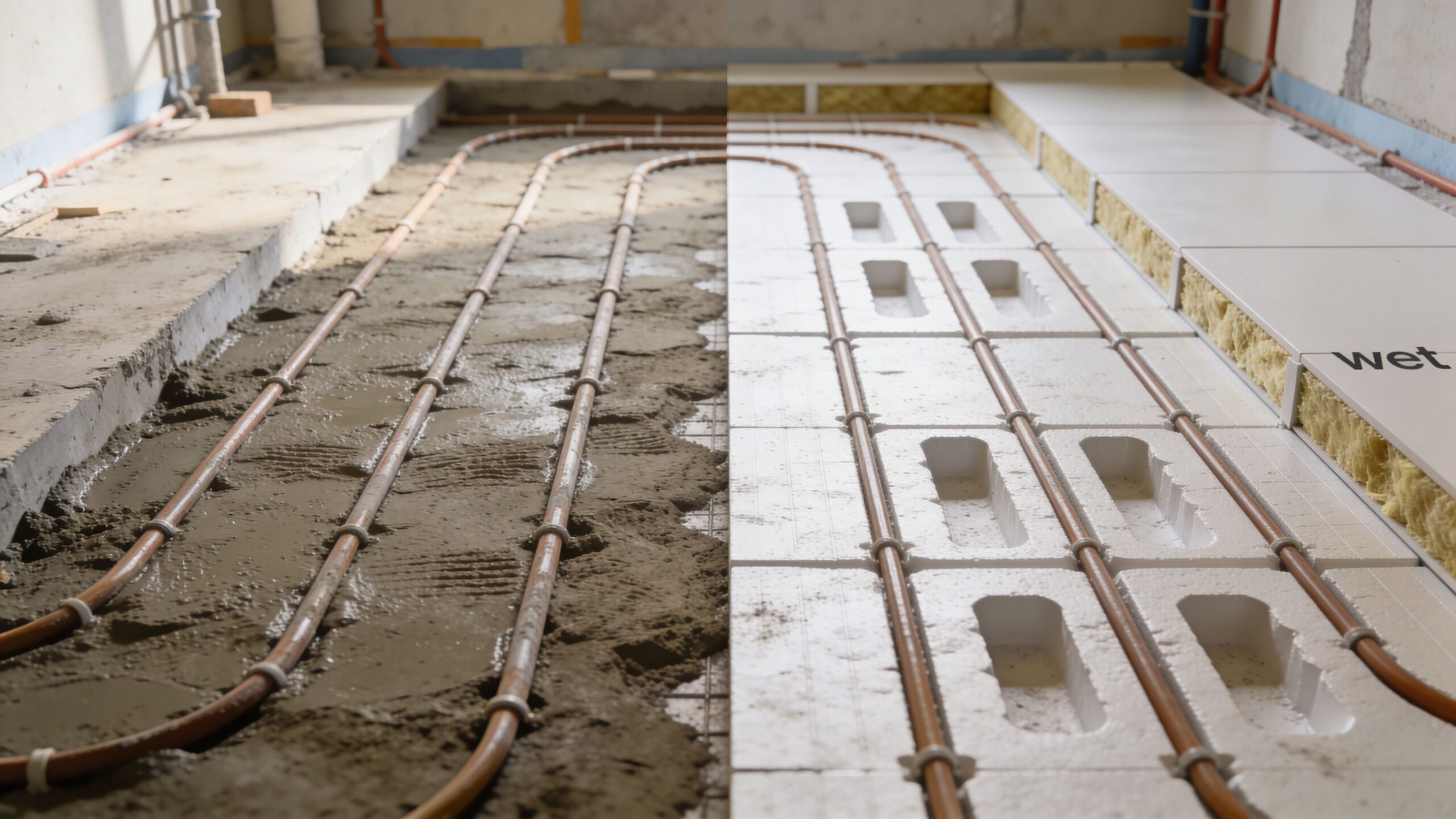 Sammenligning af gulvvarmesystemer med rør lagt i beton og præfabrikerede isoleringsplader under installation i et hus.