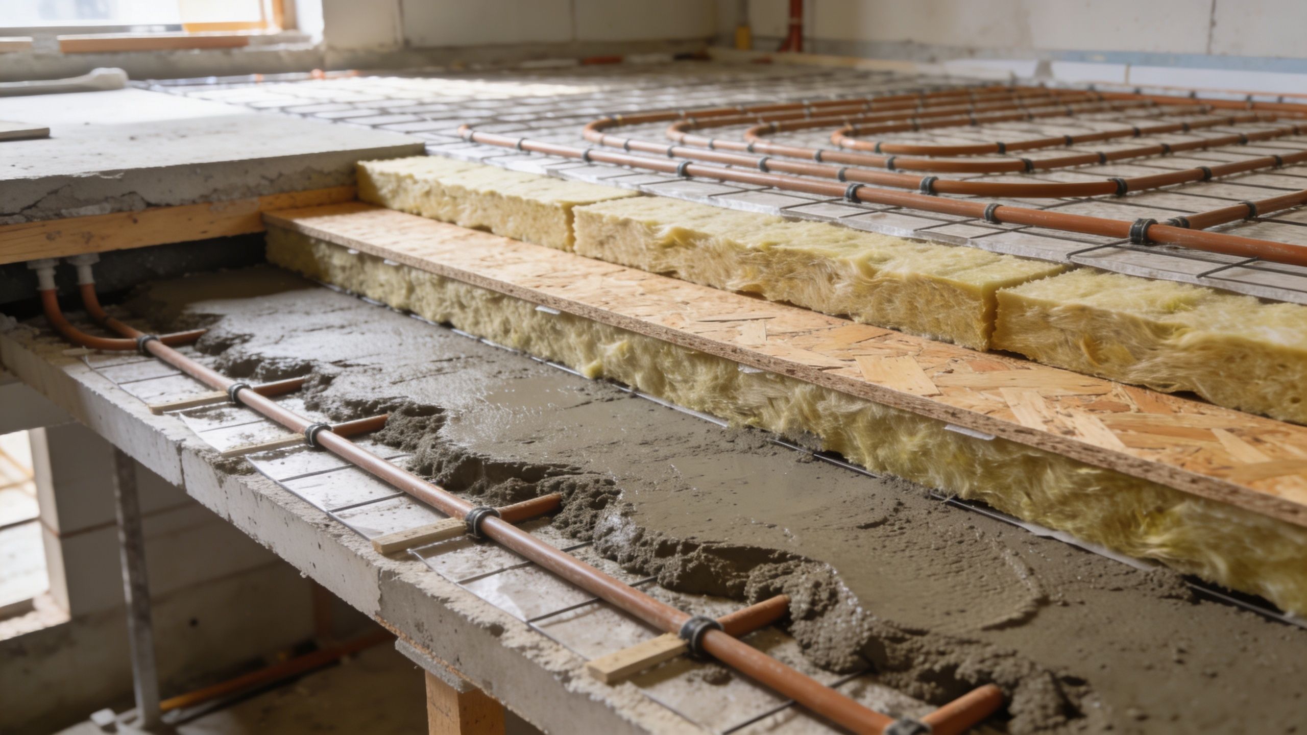 Installation af vandbåren gulvvarme med isolering og rørføring i et nyt boligbyggeri under renovering