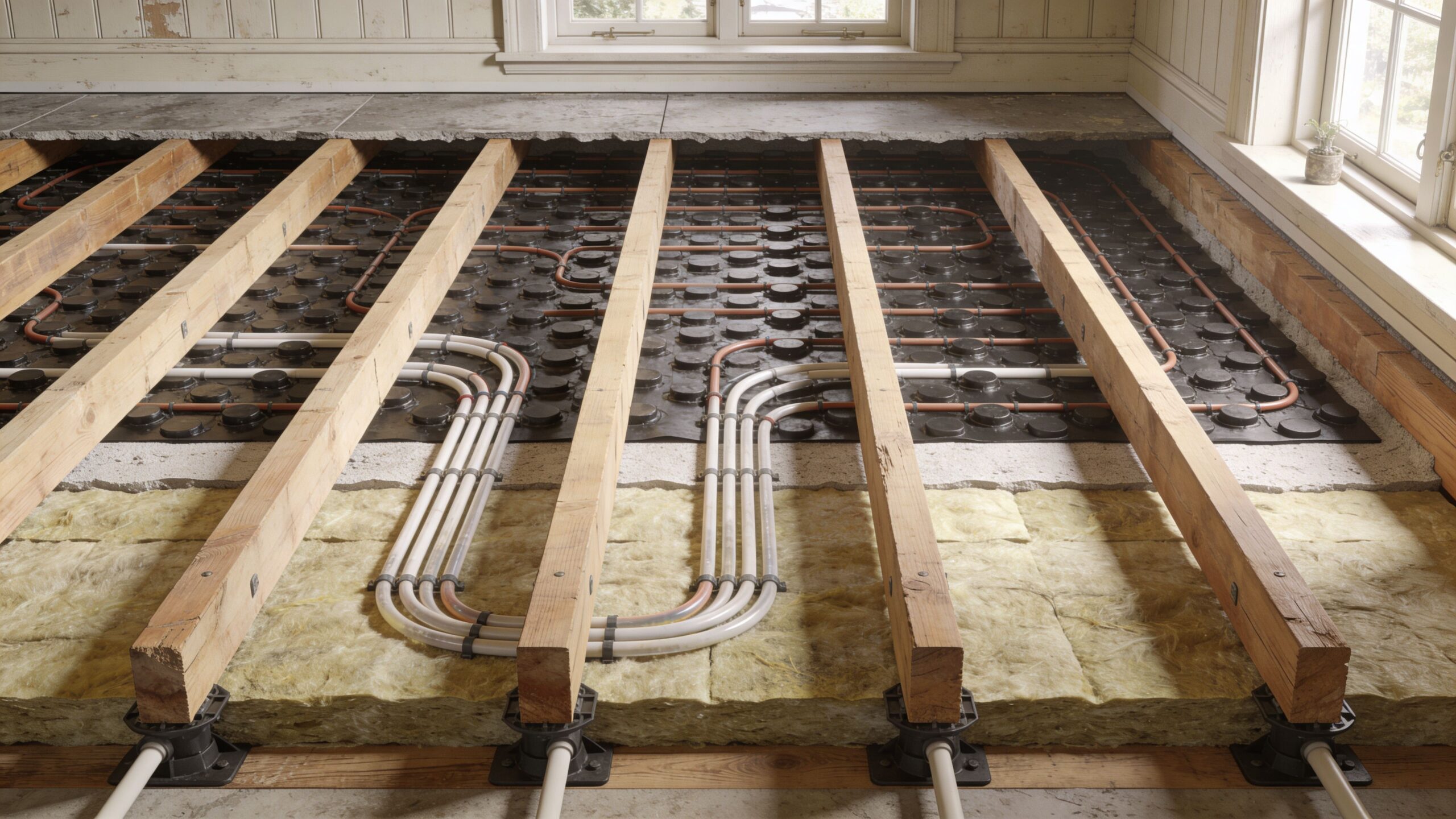 Installation af vandbaseret gulvvarme med isolering og synlige træbjælker under renovering af et boligrum