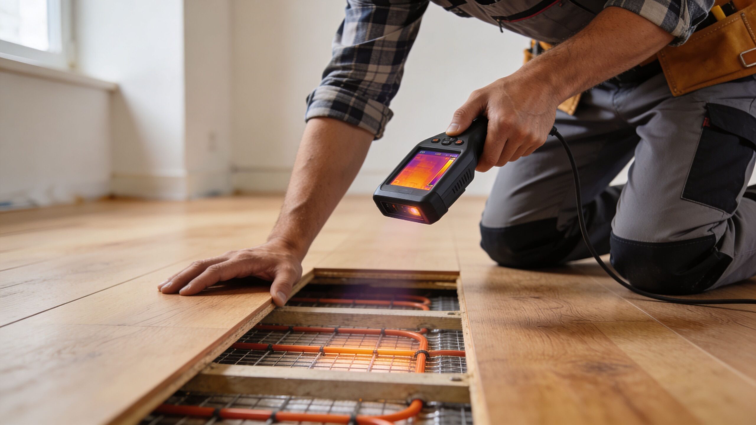 Håndværker bruger termisk kamera til at tjekke gulvvarme under et trægulv i en renoveret bolig.