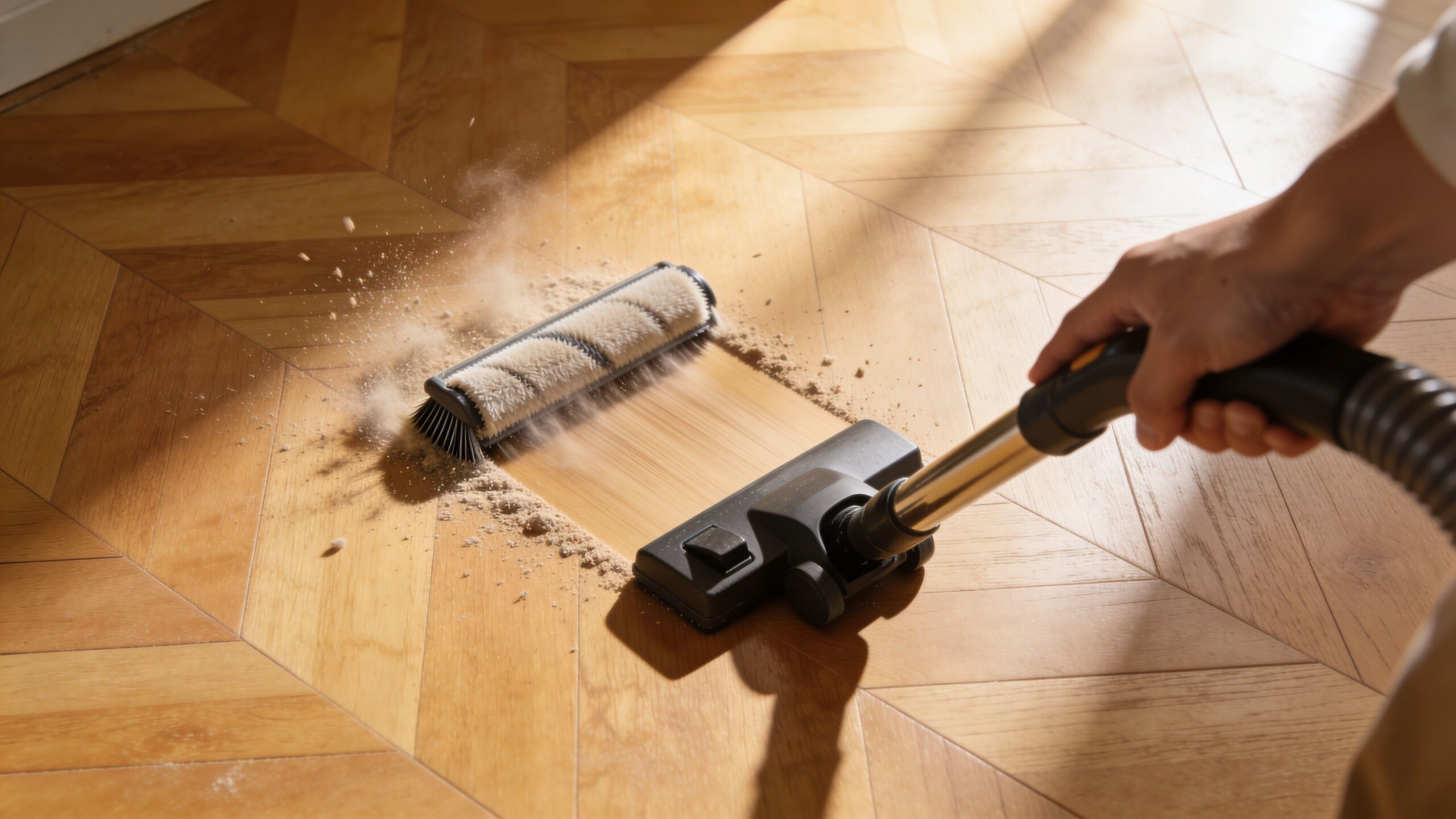 En person rengør et trægulv med en støvsuger, der fjerner støv og snavs fra parketgulvets overflade.