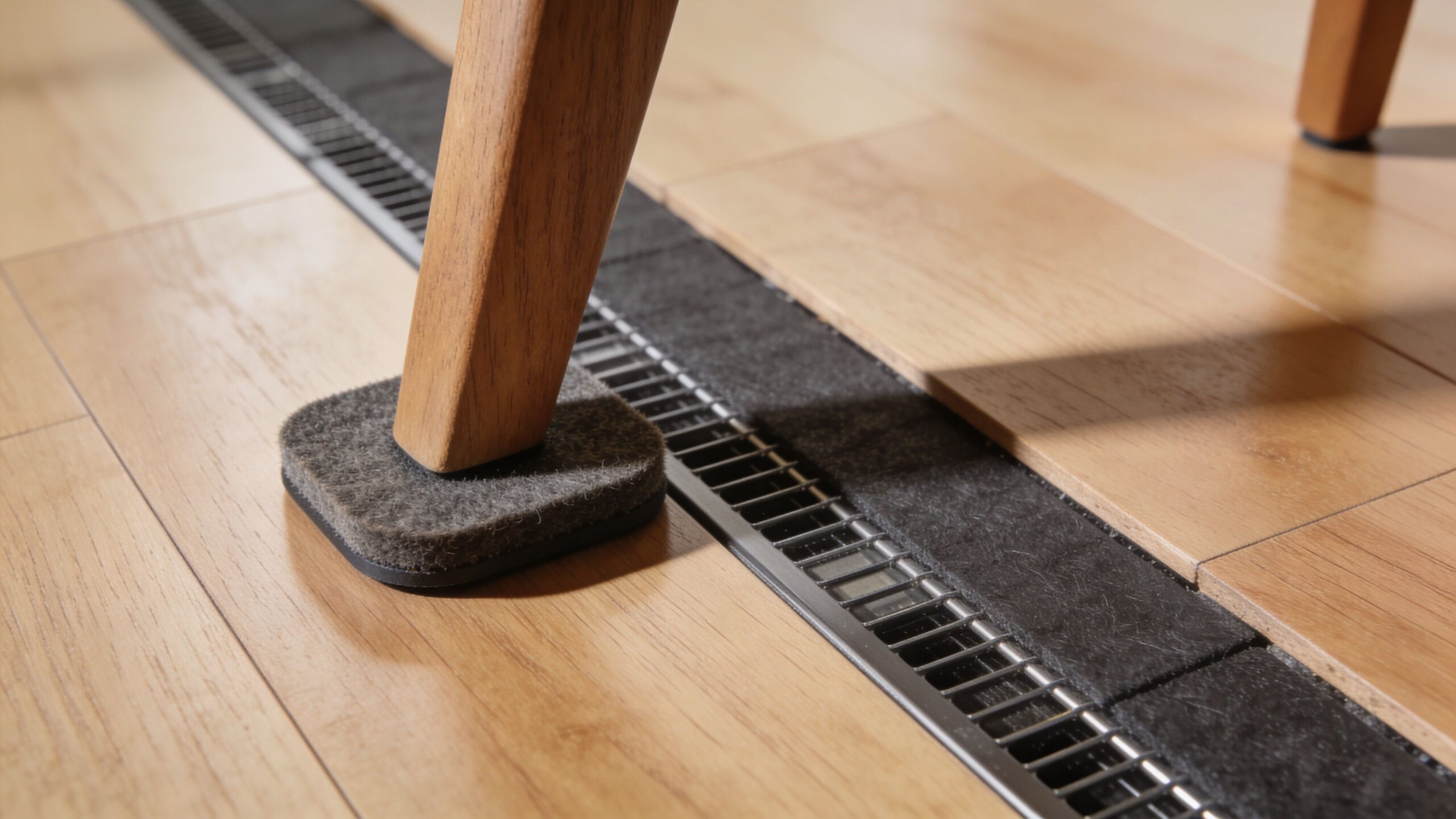 Et træmøbelben med en beskyttende filtdups placeret på et moderne trægulv med integreret ventilationsrist til gulvvarme.