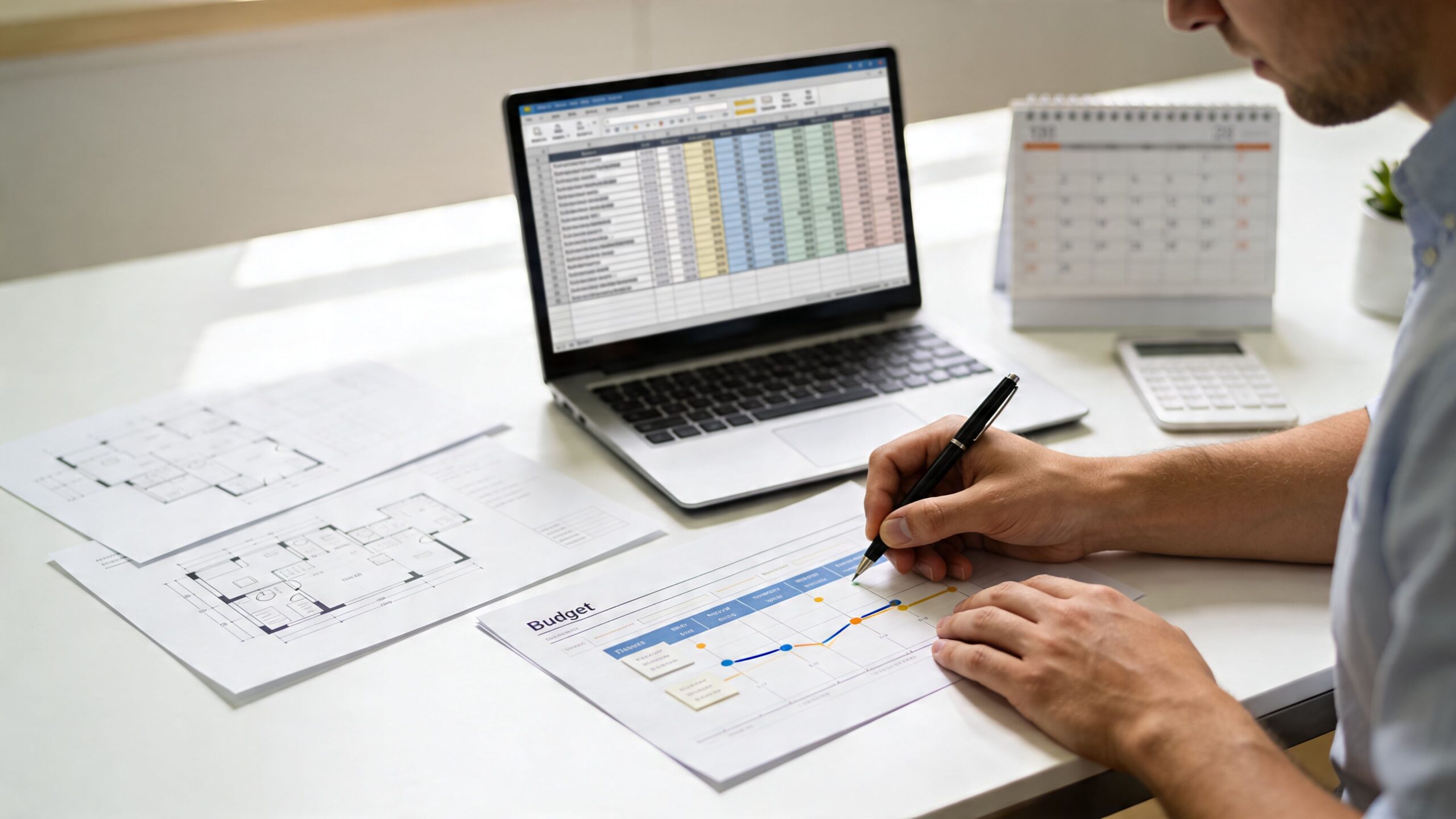 En mand sidder ved et skrivebord og planlægger et gulvrenoveringsprojekt ved hjælp af tegninger, budgetoversigter og en bærbar computer.