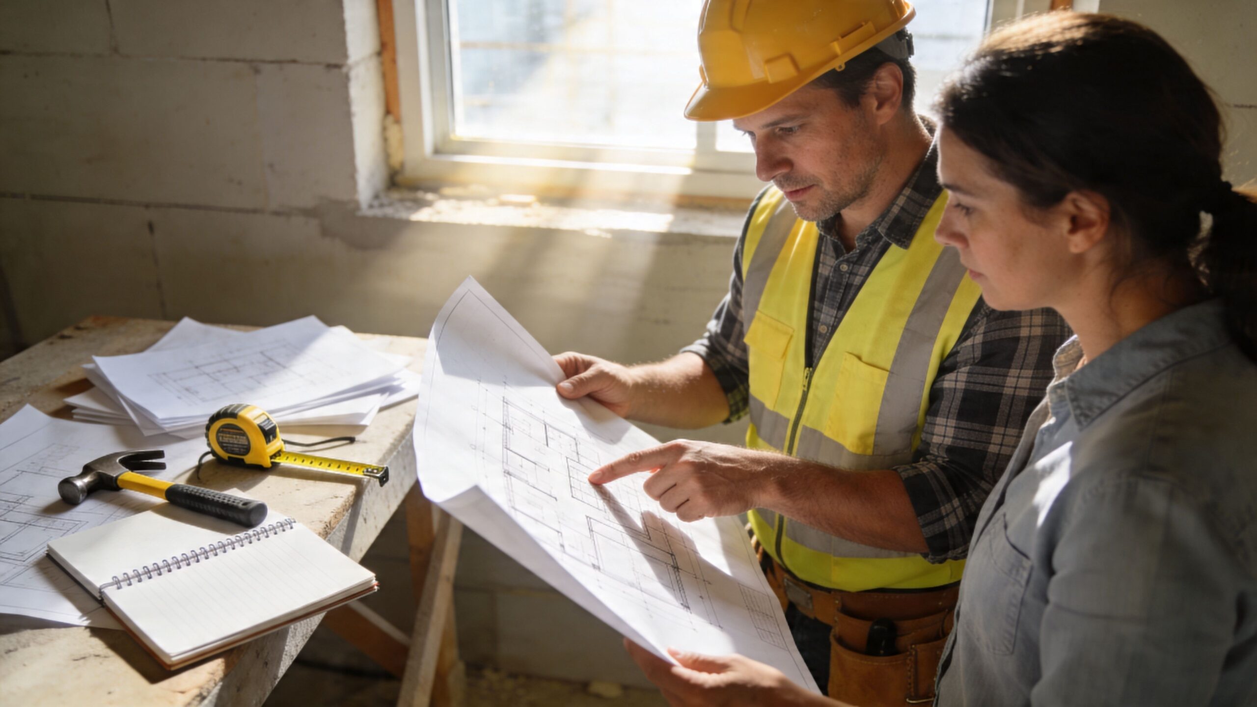 Byggeleder og kvinde gennemgår plantegninger til et renoveringsprojekt med gulvvarme på en byggeplads med værktøj.