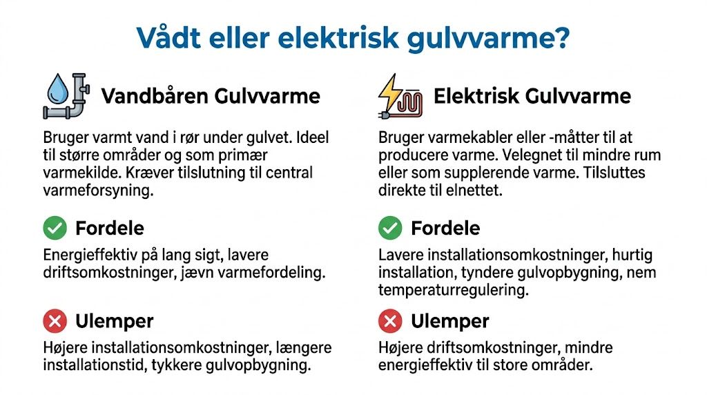 Sammenligning af vandbåren og elektrisk gulvvarme med fordele og ulemper ved de to varmetyper.