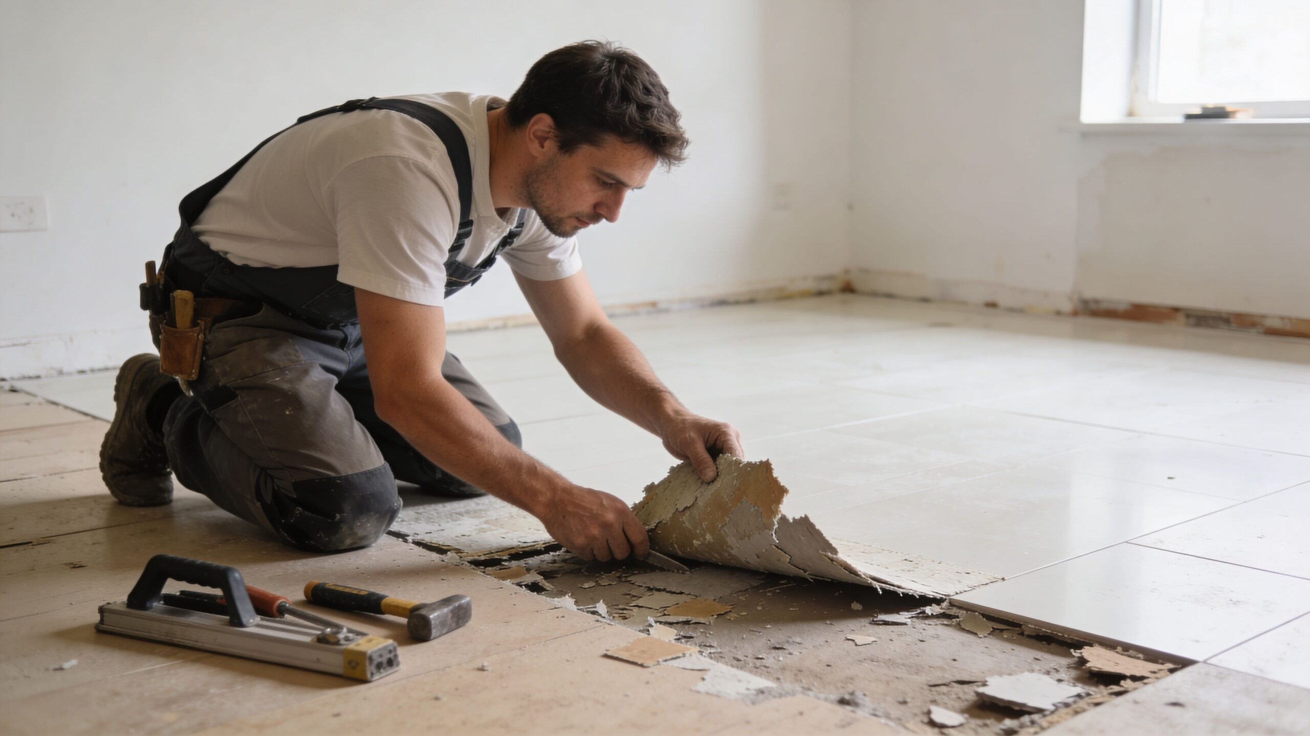 En håndværker fjerner forsigtigt gamle gulvfliser som forberedelse til installation af et nyt varmesystem i boligen.