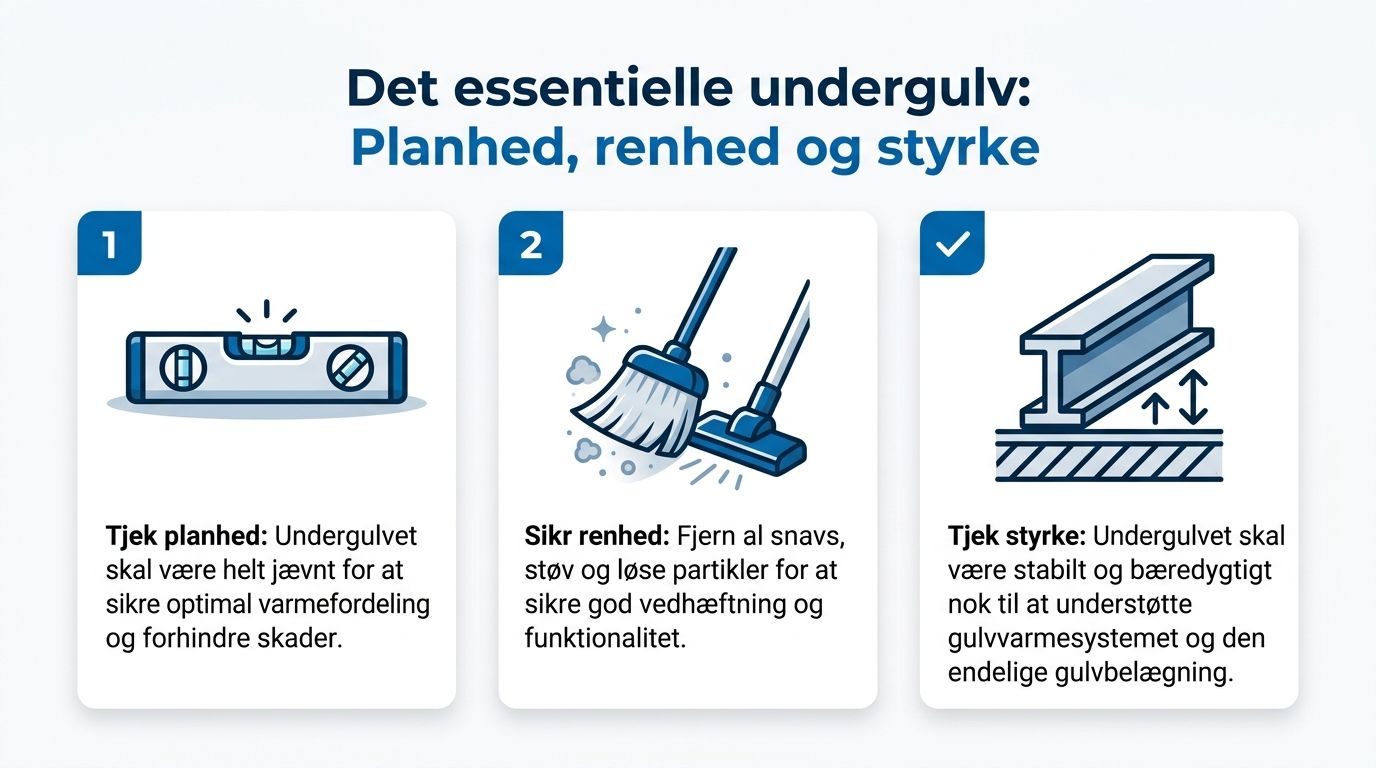 Tre vigtige trin for at forberede undergulvet til installation af gulvvarme: planhed, renhed og styrke.