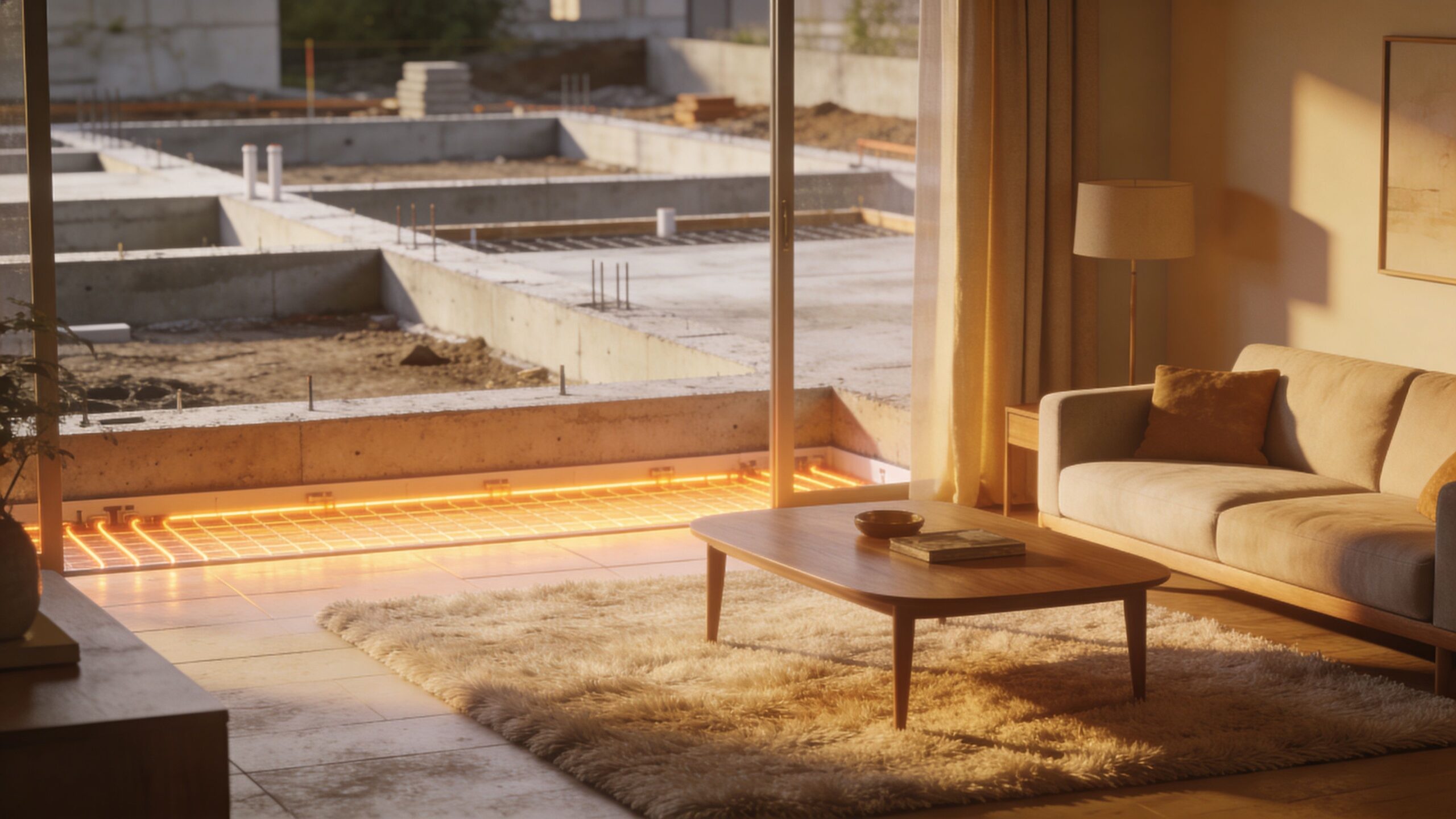 En stue med udsigt til et byggefundament hvor gulvvarme er ved at blive installeret under flisegulvet.