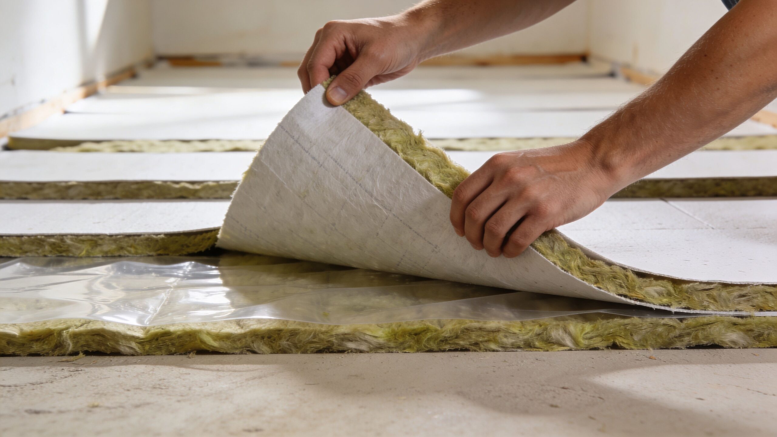 En håndværker lægger isoleringsmateriale med reflekterende overflade ud på et gulv før montering af gulvvarme.