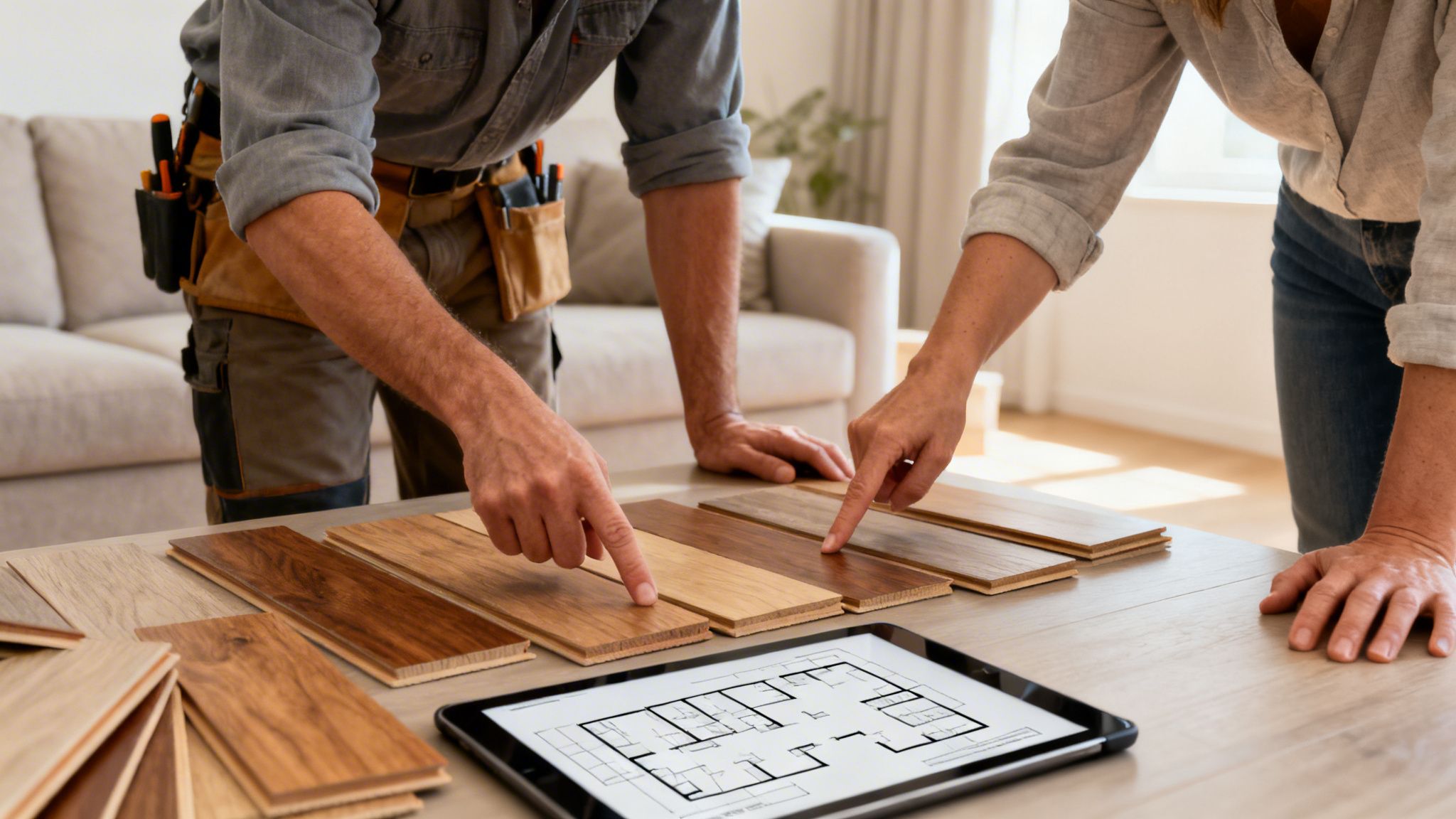To personer kigger på trægulvsprøver og en plantegning på en tablet, sandsynligvis i forbindelse med valg af nyt gulv.