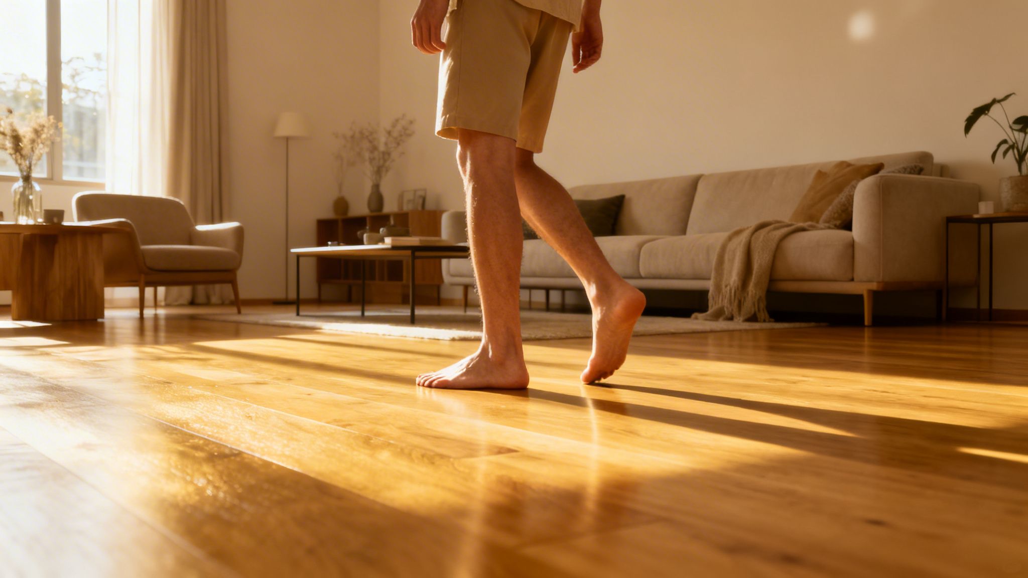 En person går barfodet på et lyst trægulv i en moderne stue med sollys.
