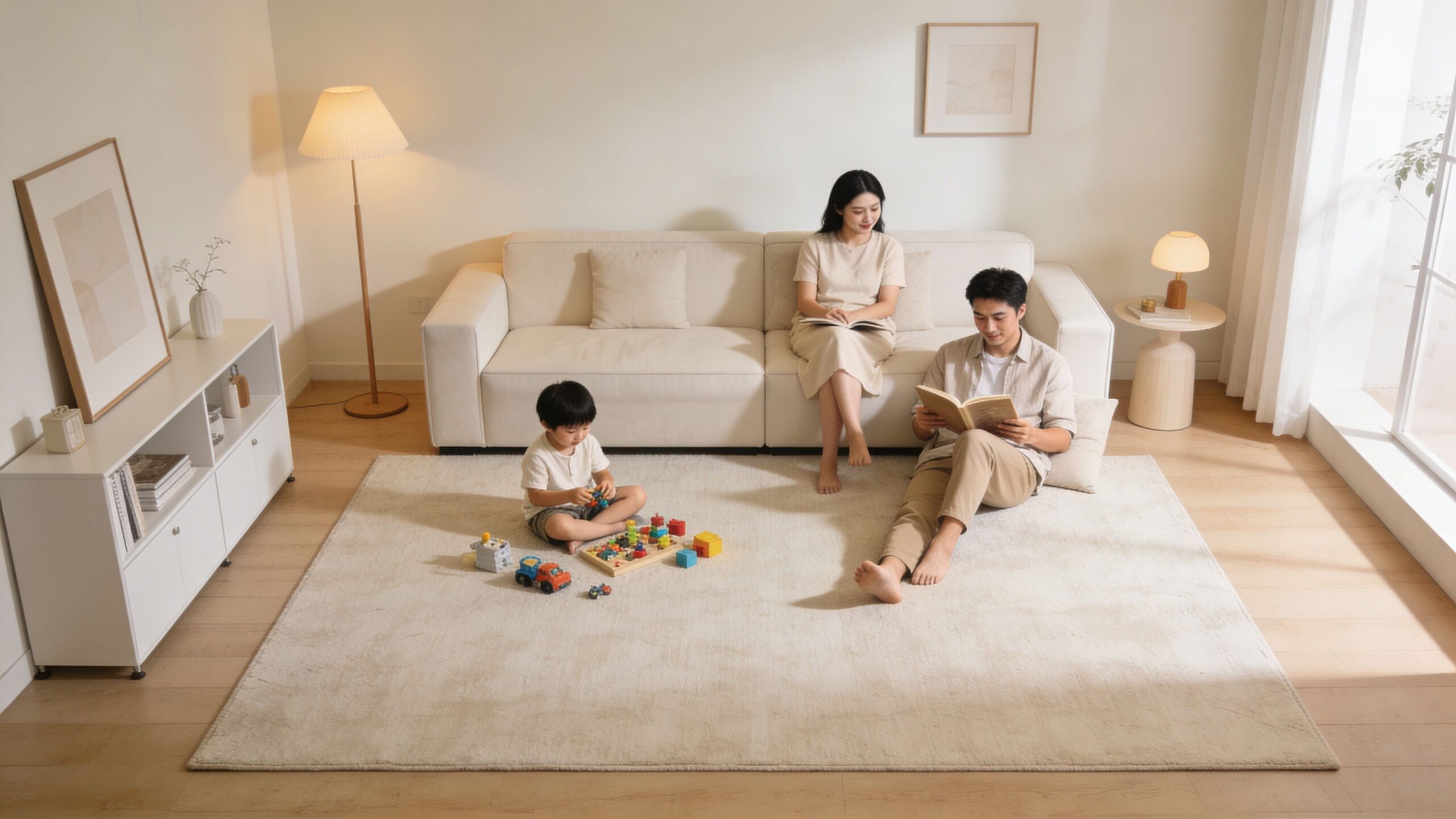 En familie slapper af i en moderne stue med gulvvarme, mens barnet leger på et blødt gulvtæppe.