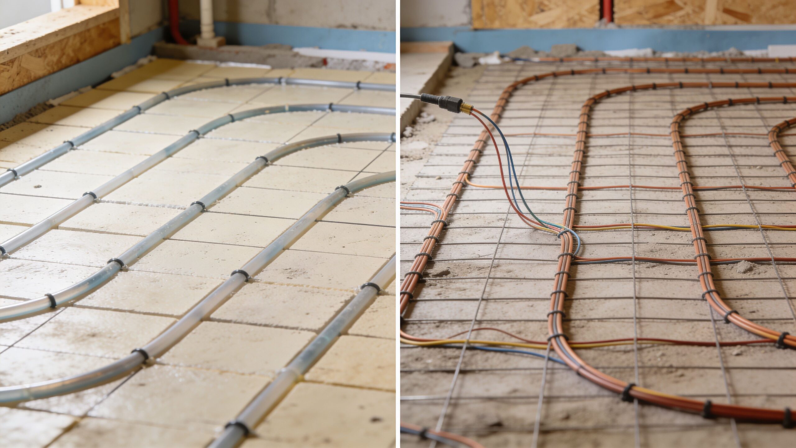 Installation af gulvvarme med rør lagt i isoleringsplader og på armeringsnet i et under opførelse byggeri.