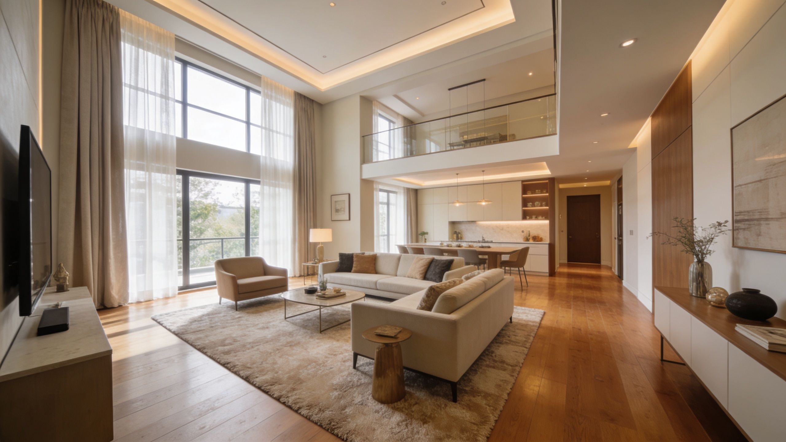 En rummelig og moderne stue med højt til loftet, store vinduespartier og elegant interiør i naturlige farver.