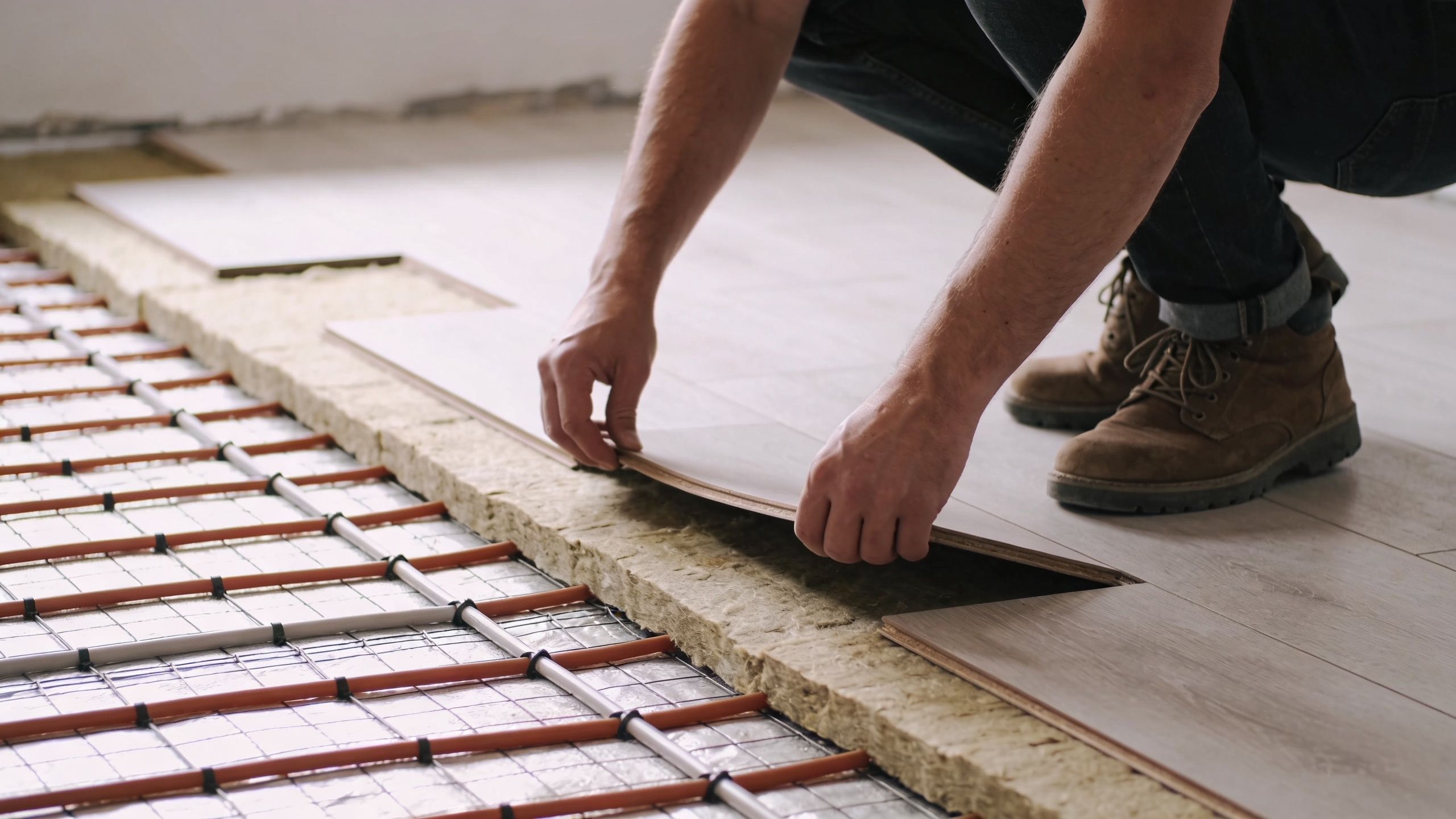 En håndværker lægger laminatgulv oven på isoleringsplader og et vandbåret gulvvarmesystem i en bolig under renovering.