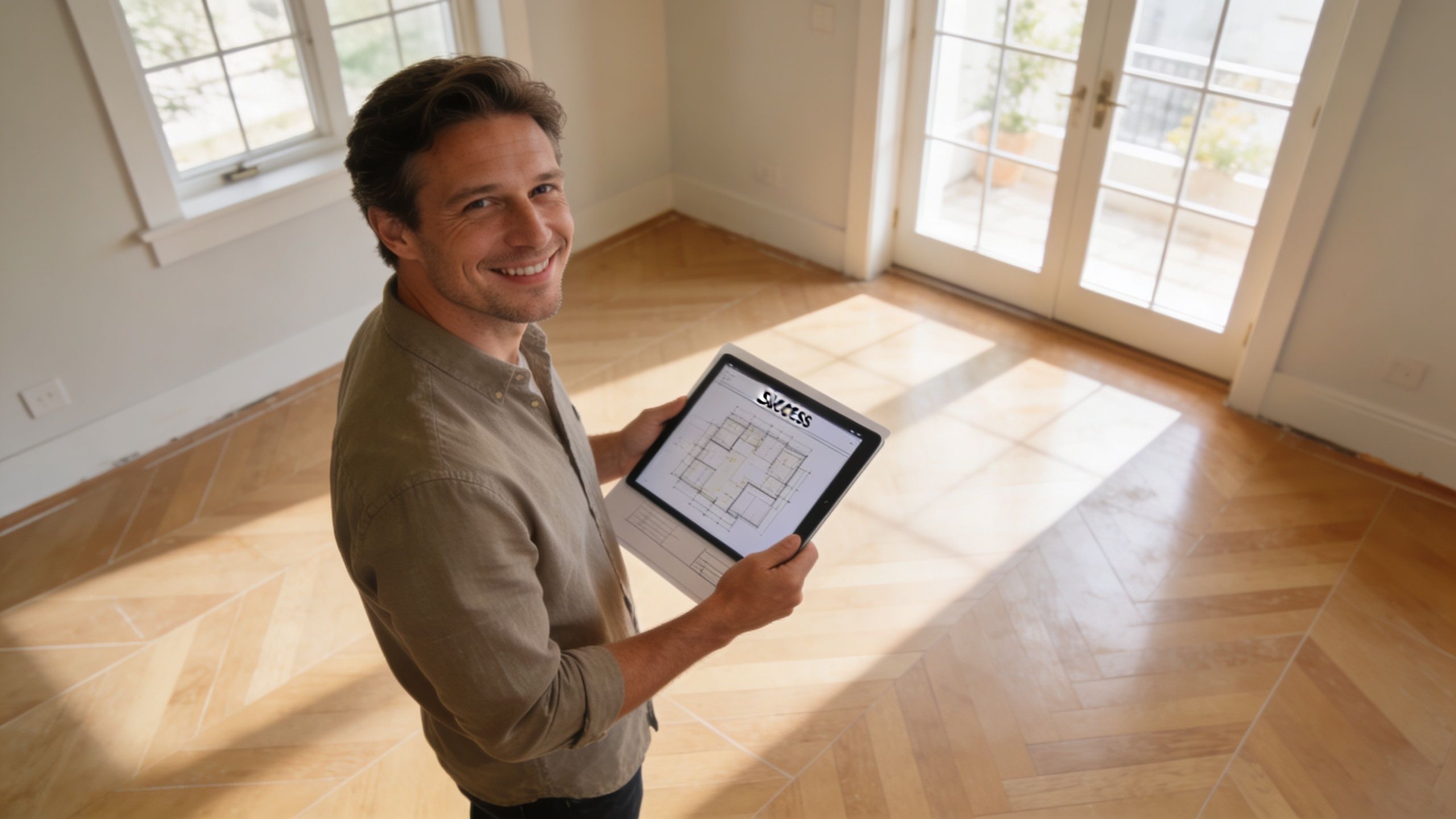 En glad mand står i et tomt renoveret rum og holder en tablet med plantegninger og tekst.