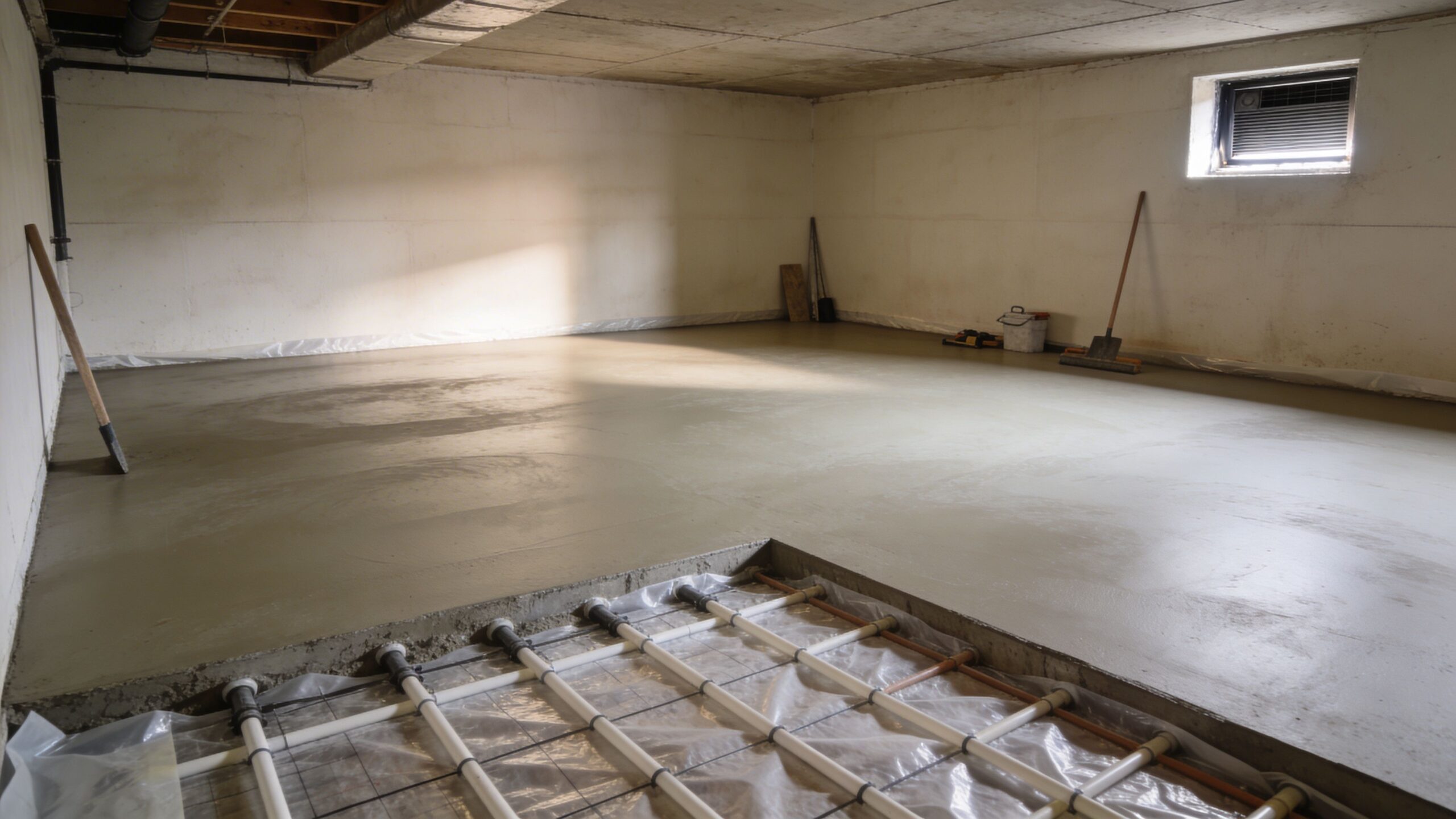 Et kælderrum under renovering med nylagt beton og synlige vandbårne gulvvarmerør før færdiggørelse af gulvet.