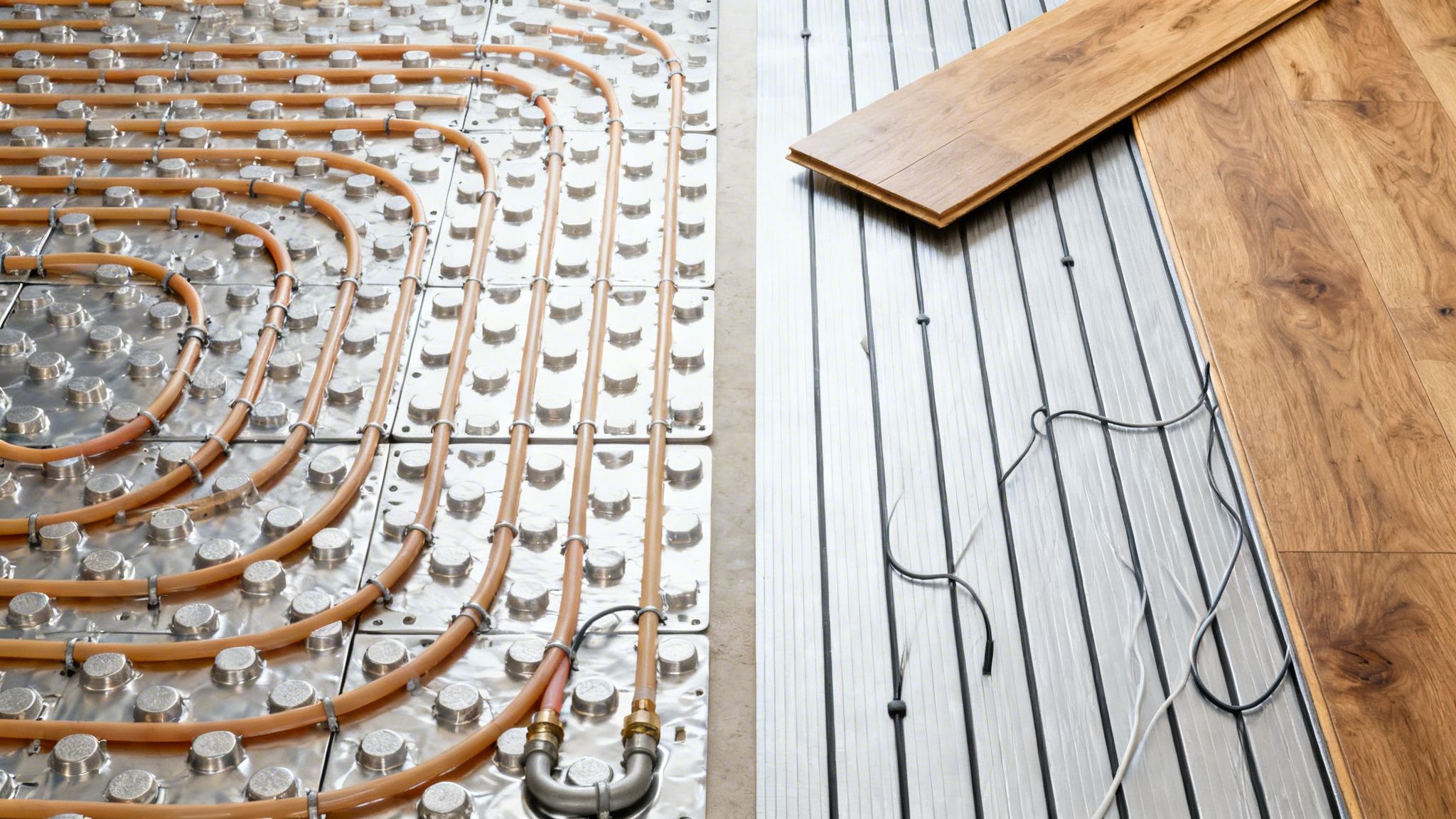 Installation af gulvvarme og trægulv, der viser vandbaseret og elektrisk opvarmning i to stadier.