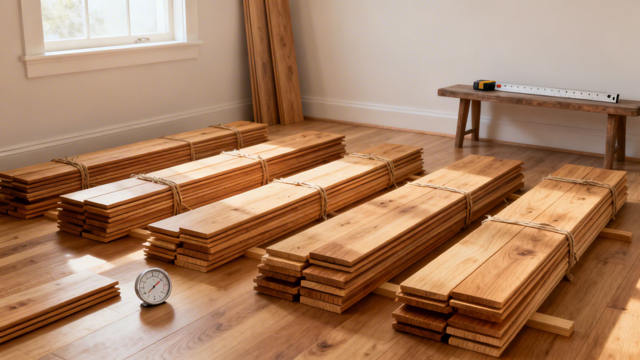 Nye trægulvbrædder ligger i stakke på gulvet, klar til installation, med et termometer og værktøj.