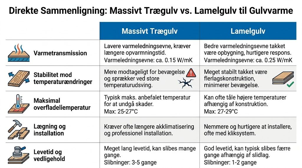 Sammenligningstabel der viser forskelle mellem massivt trægulv og lamelgulv i forhold til installation af gulvvarme i hjemmet.