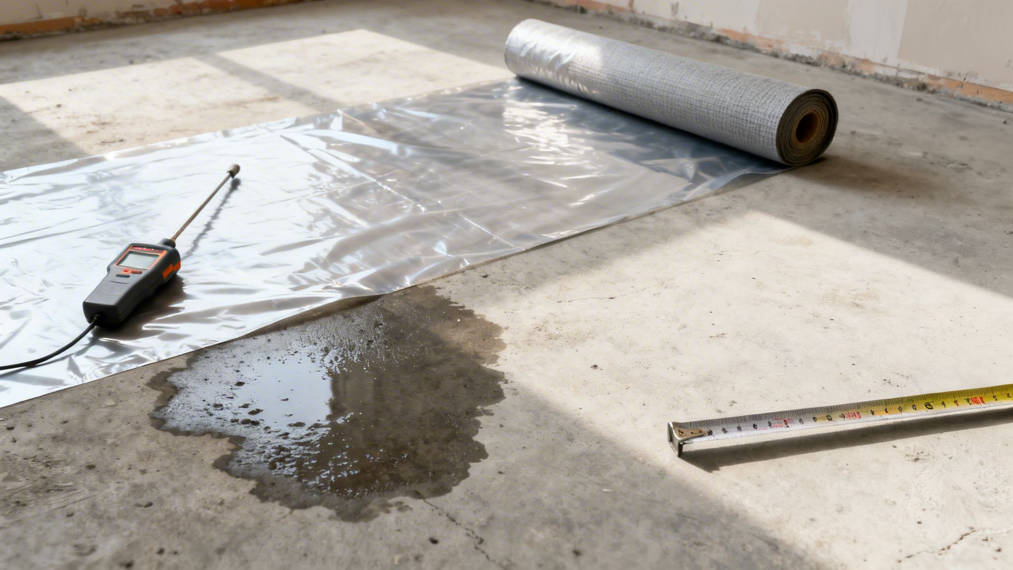 Fugtmåler, plastfolie og isoleringsmåtte på et betongulv med vand, under forberedelse til gulvlægning.