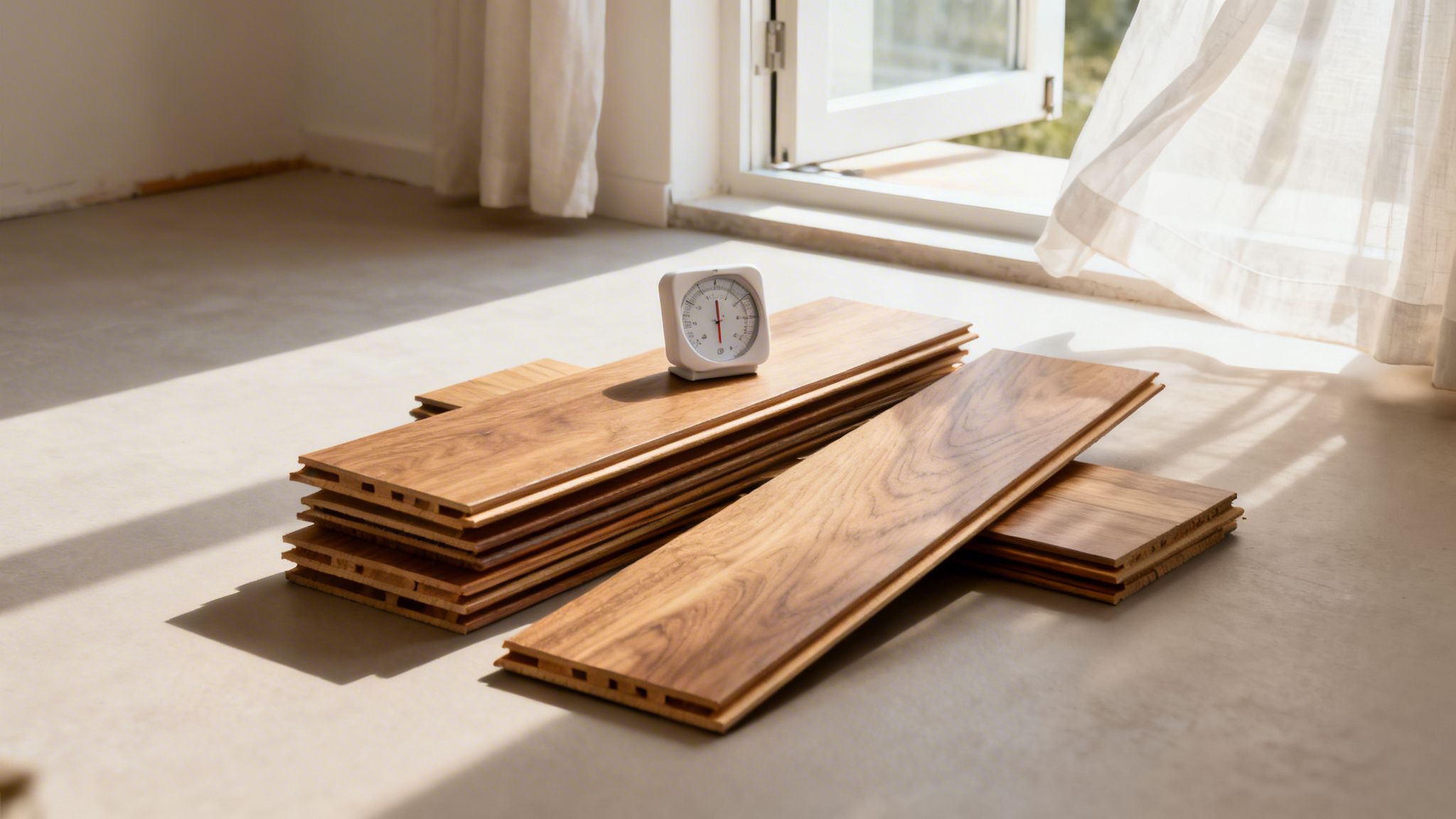 Trægulvbrædder akklimatiseres på et gulv med en fugtmåler ved et åbent vindue.