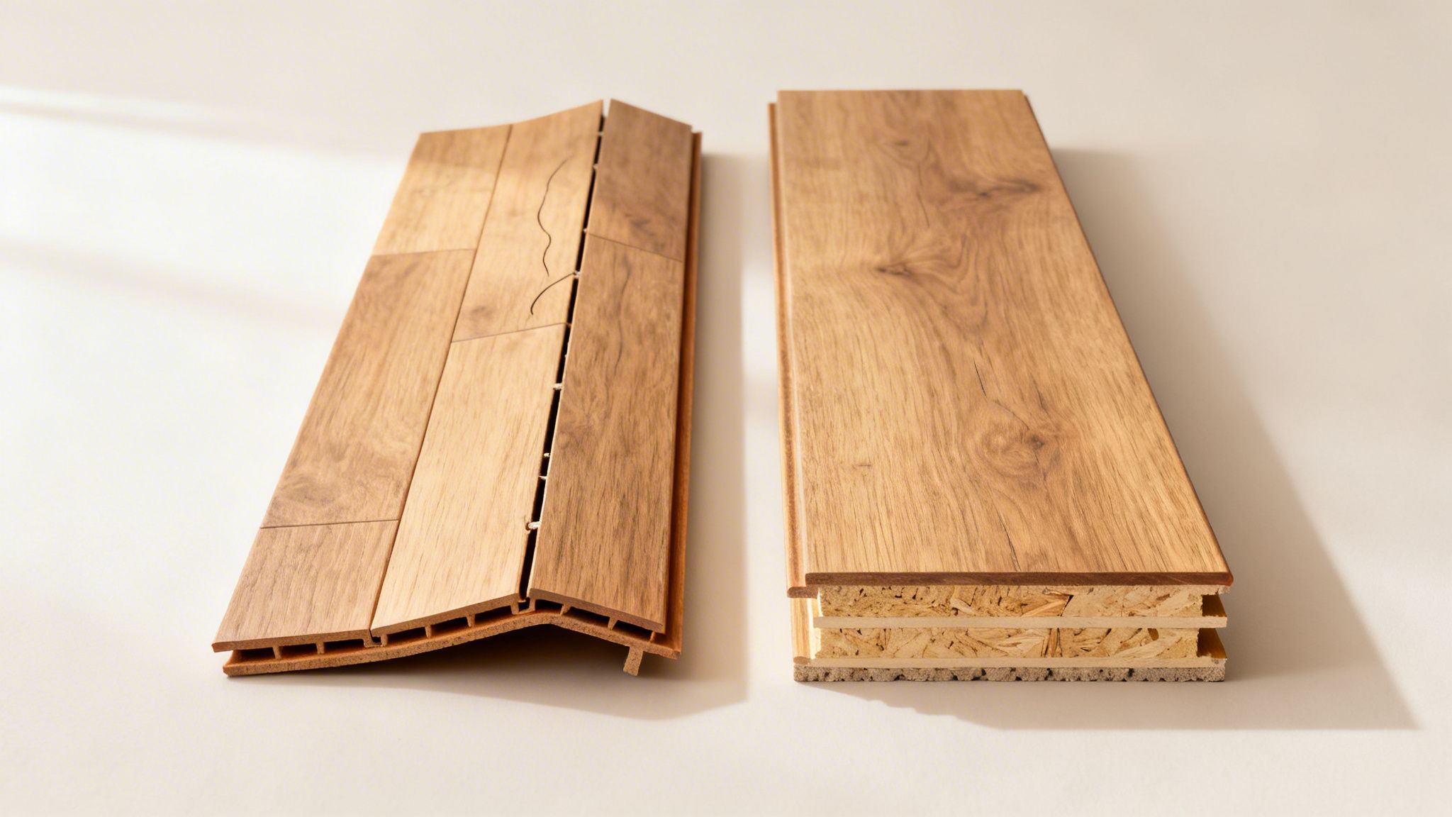 To forskellige trægulvsprøver, en med fleksibel konstruktion og den anden viser tværsnit af lagdelt træ.