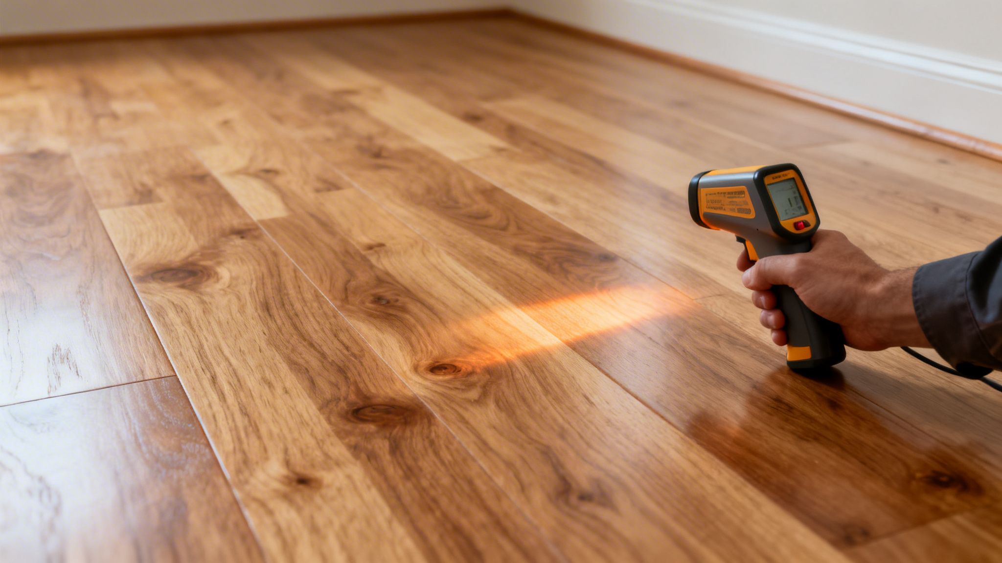 En person bruger et infrarødt termometer til at måle temperaturen på et lyst trægulv.