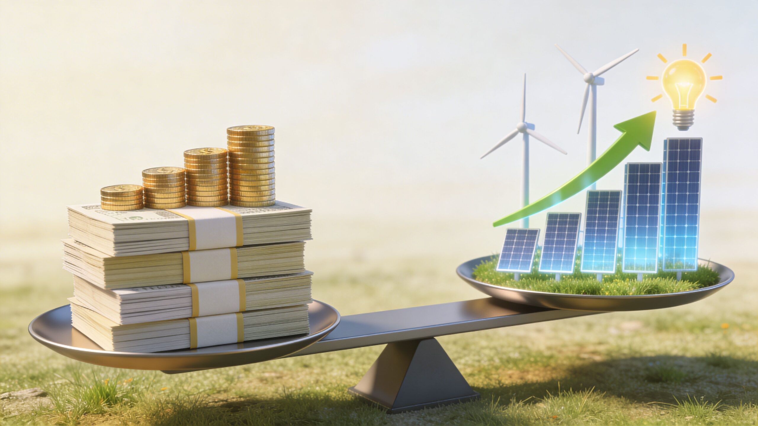 En vægt viser balancen mellem amerikanske dollarsedler og bæredygtig energi fra vindmøller og solpaneler med en lyspære.