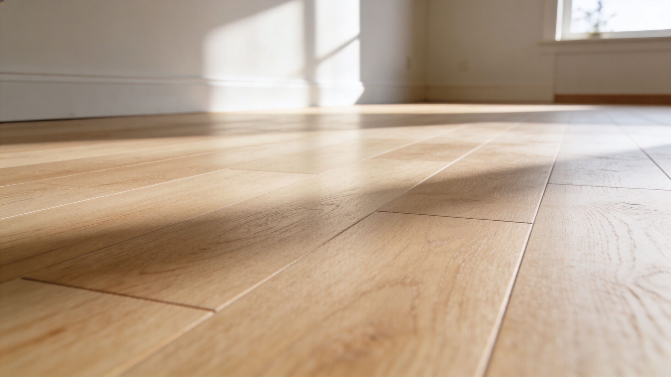 Et lyst trægulv i en tom stue med naturligt sollys, der skinner ind gennem et vindue.