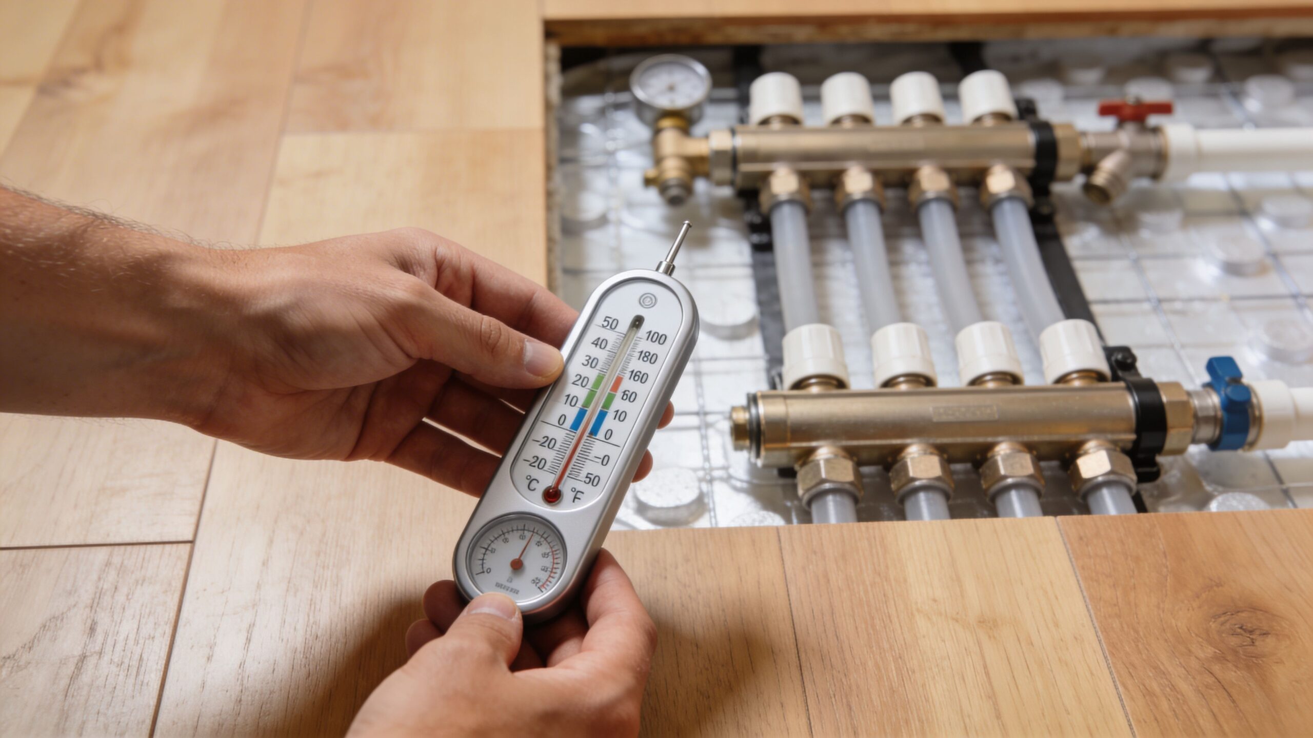 En person holder et termometer over et gulvvarmeanlæg med rørforbindelser under trægulvets overflade til måling af temperatur.