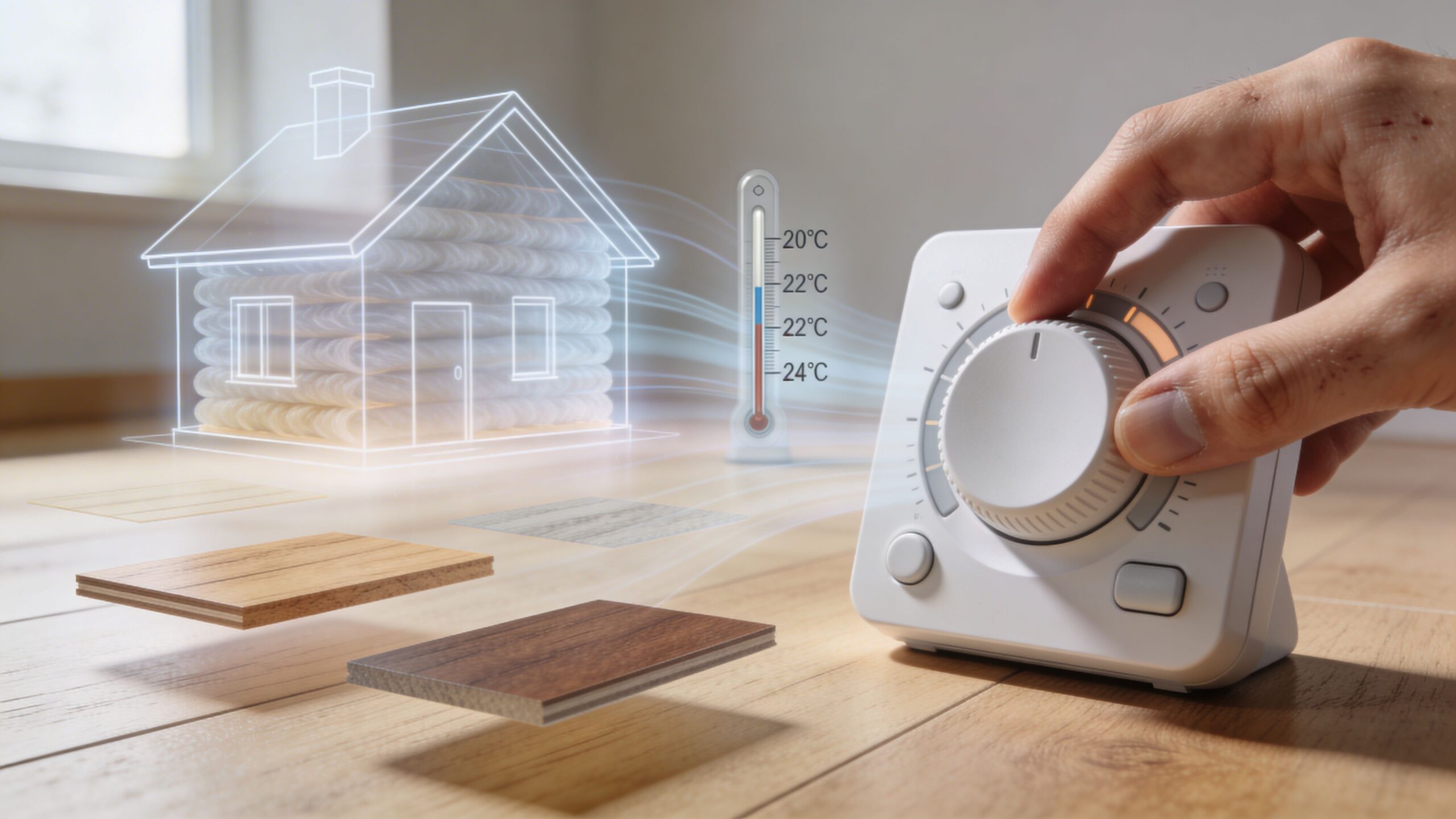 En hånd justerer en termostat til gulvvarme med et holografisk billede af et hus og trægulve.