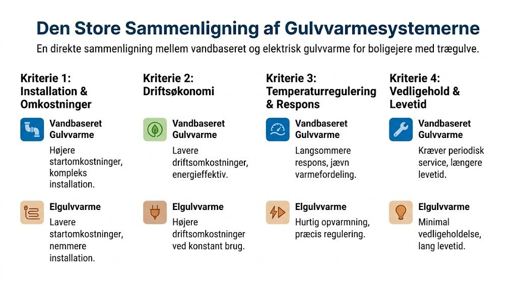 En sammenligningsguide der viser fordele og ulemper ved vandbaseret gulvvarme kontra elgulvvarme under trægulve i hjemmet.