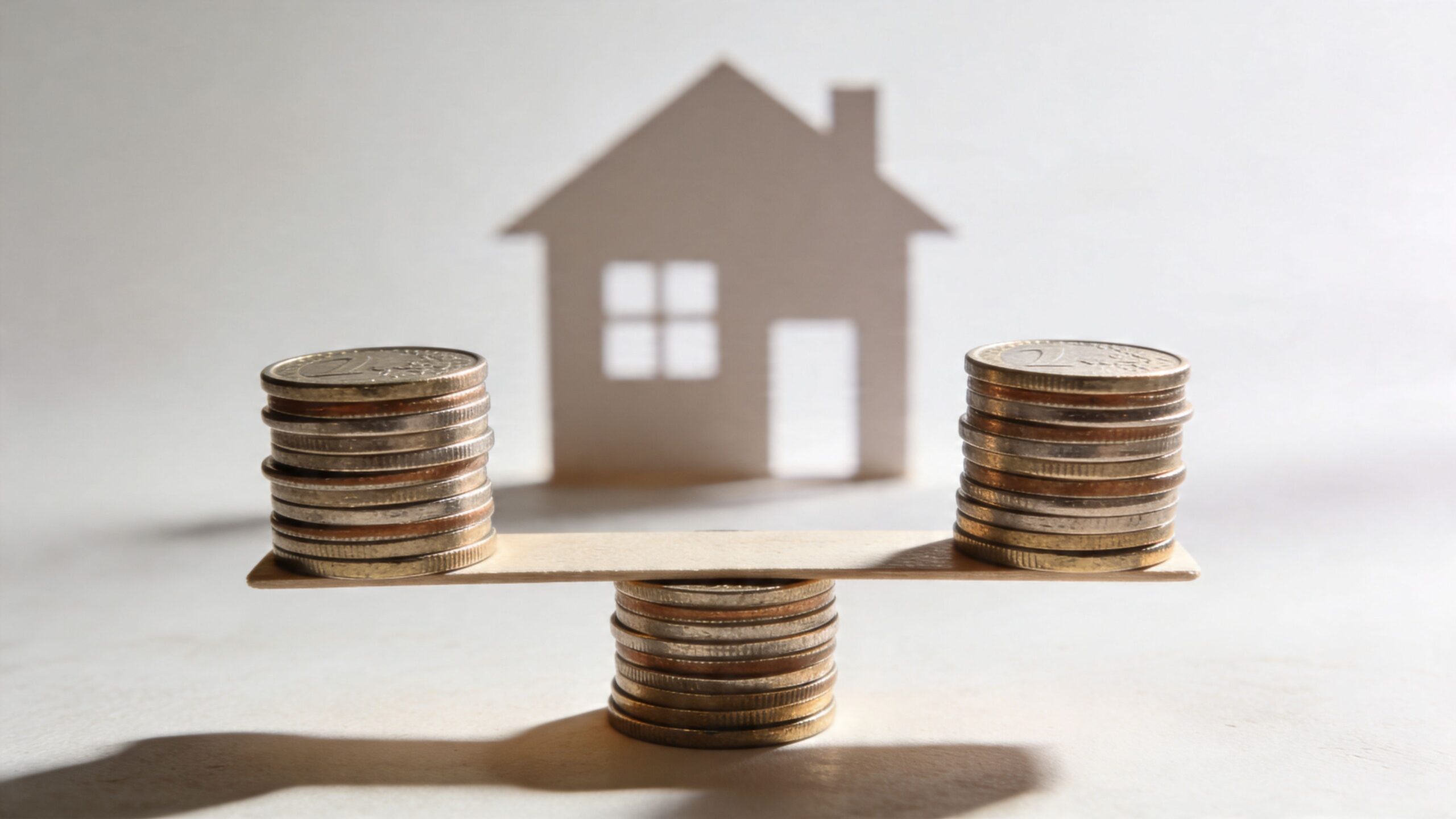 En balancevægt lavet af mønter foran et papirhus, der symboliserer økonomiske overvejelser ved boligopvarmning og gulvvarme.