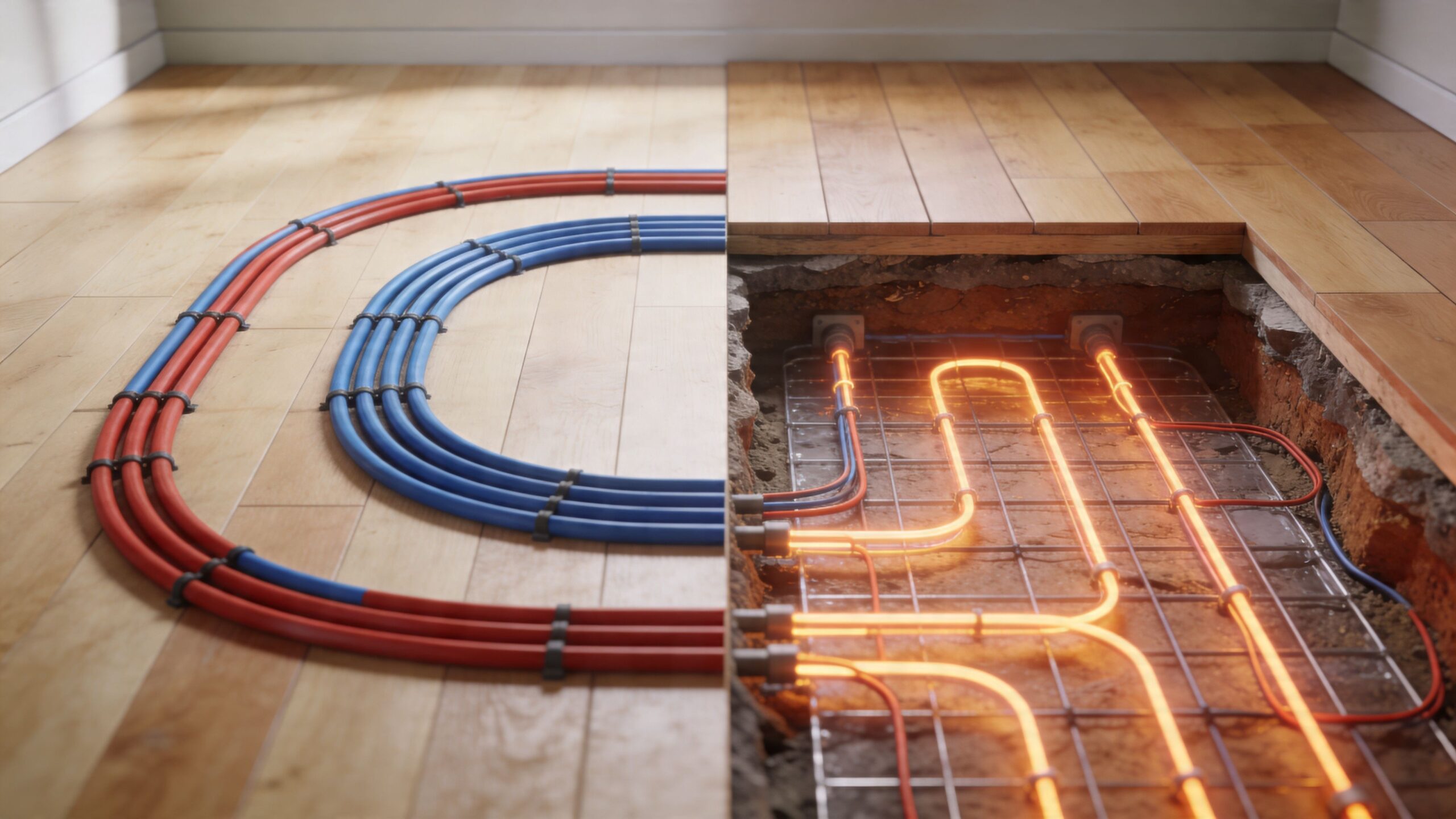 Illustrationsbillede der viser forskellen mellem vandbaseret og elektrisk gulvvarme installeret under et trægulv i en bolig.