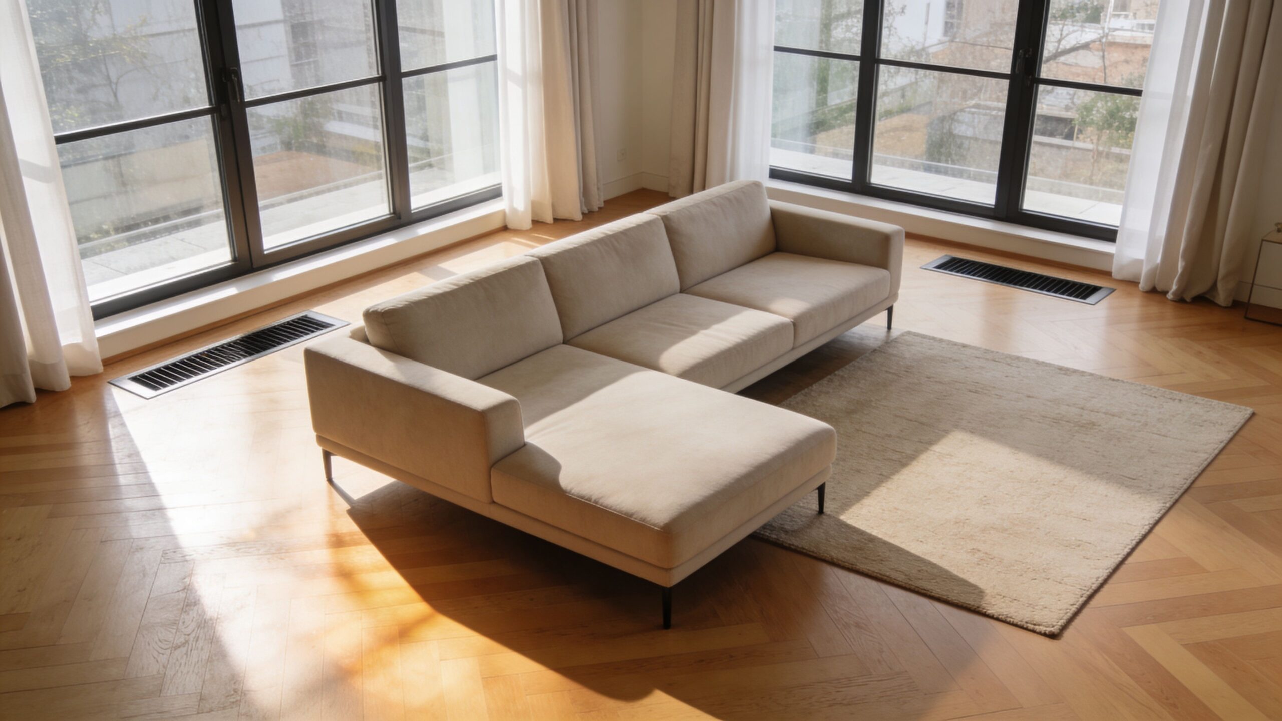 En elegant beige chaiselong-sofa placeret på et trægulv i en lys og moderne stue med store vinduespartier.