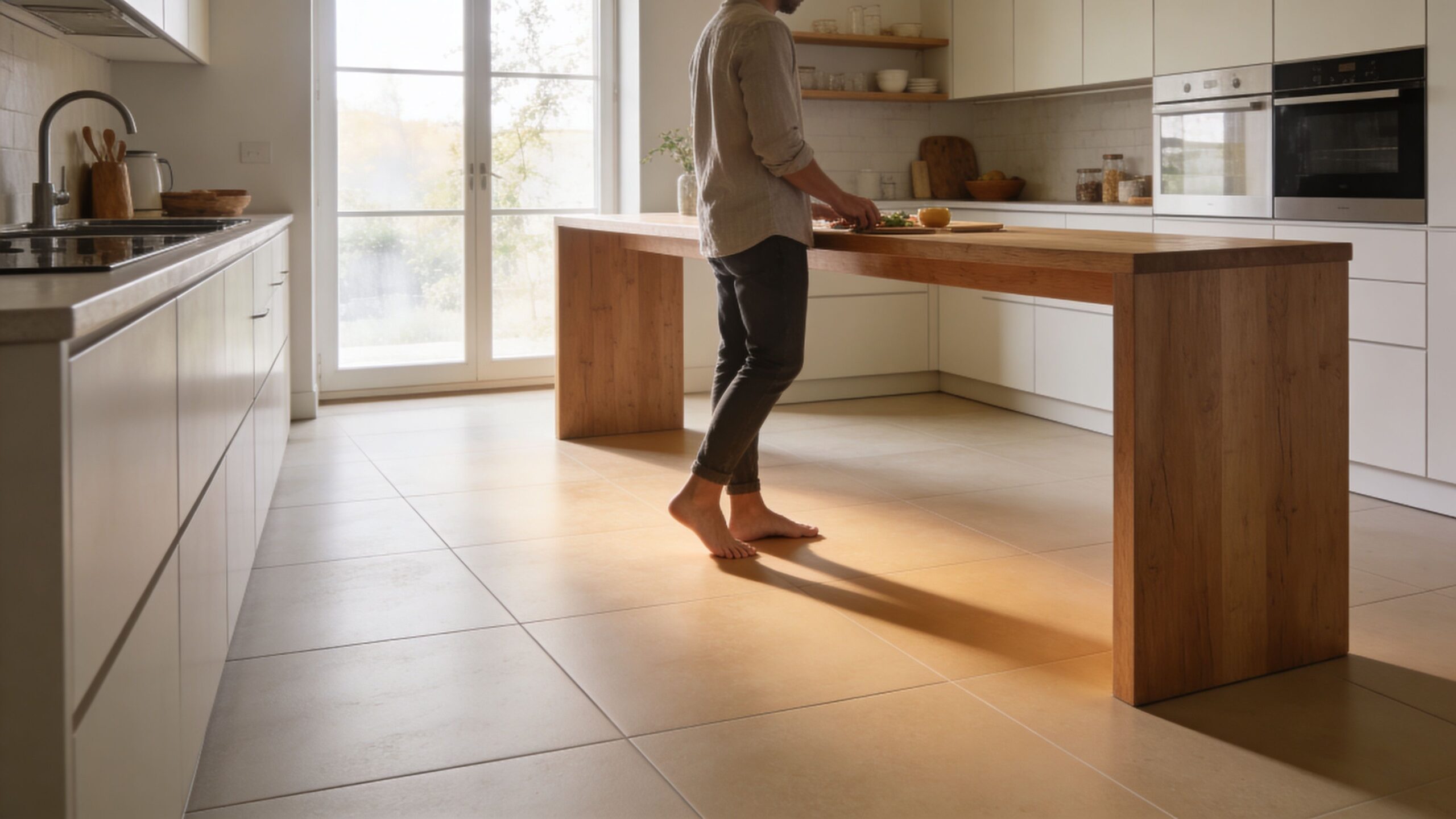 En person står barfodet i et lyst, moderne køkken med varme flisegulve og en stor træø.