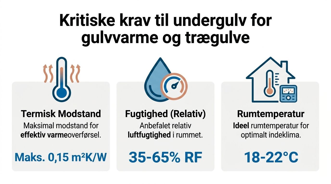 Infografik viser kritiske krav til undergulv for gulvvarme med trægulve, inklusive termisk modstand, luftfugtighed og rumtemperatur.