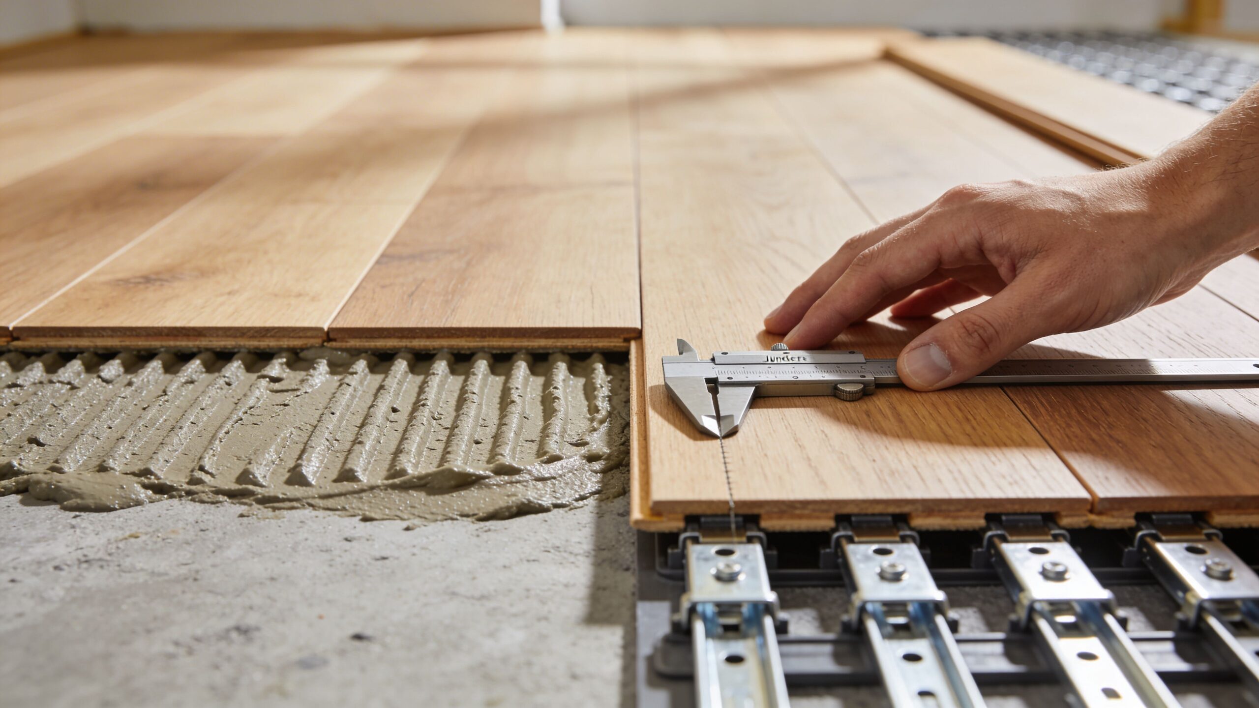 En hånd bruger en skydelære til at måle et trægulv monteret ovenpå et moderne gulvvarmesystem med beton.