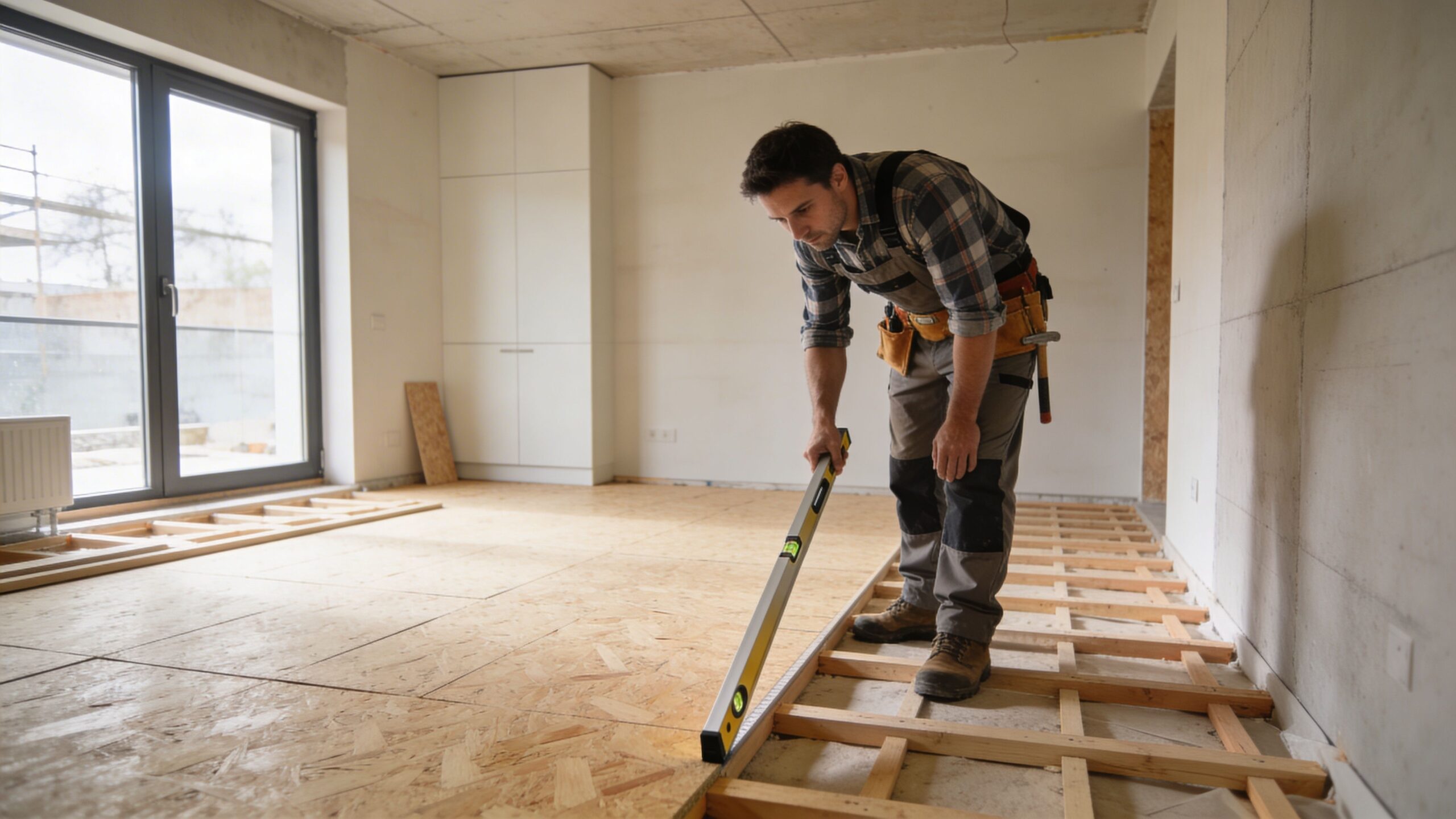 En håndværker måler niveauet på et nyt trægulv under en renovering af et moderne hus i Danmark.