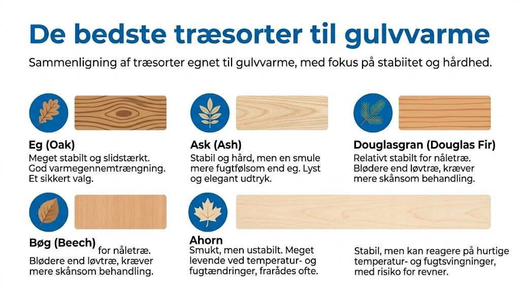 En infografik der viser de bedste træsorter til gulvvarme med beskrivelser af deres stabilitet og hårdhed.